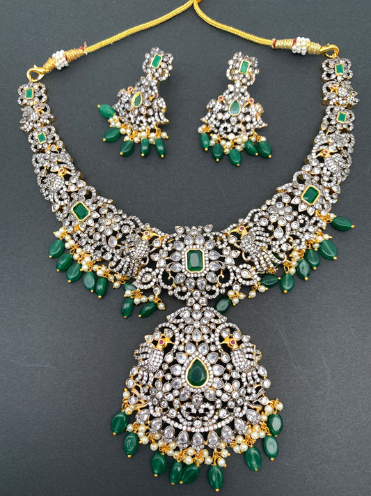 AD Green Stone Green Beads Dual Polish Neckline Necklace