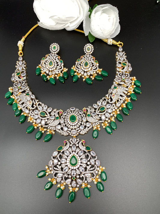 AD Green Stone Green Beads Elephant Design Dual Antique Polish Neckline Necklace