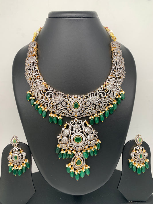 AD Green Stone Green Beads Dual Polish Neckline Necklace