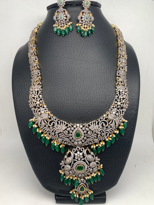 AD Green Stone Green Beads Dual Polish Long Necklace