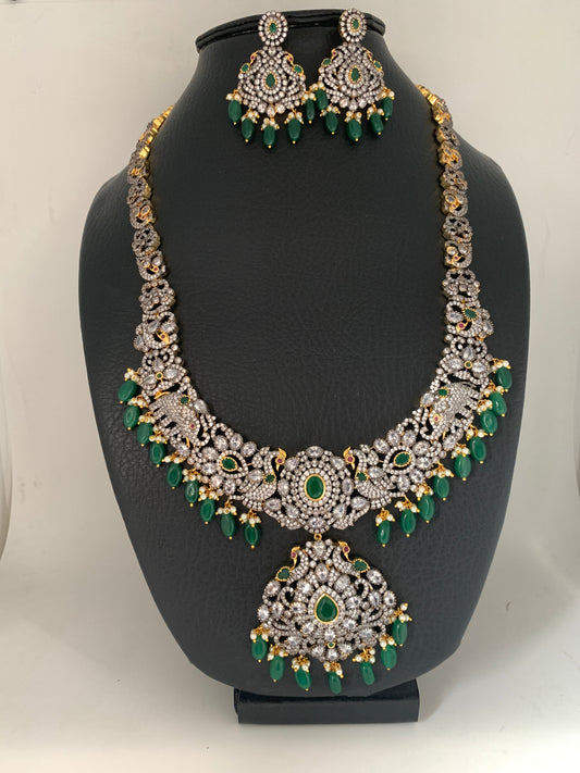 AD Green Stone Green Beads Elephant Peacock Design Dual Polish Long Necklace