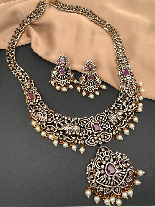 Polki Red Stone Elephant Design Mehndi Polish Long Necklace