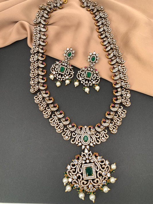 Polki Green Stone Peacock Design Mehndi Polish Long Necklace