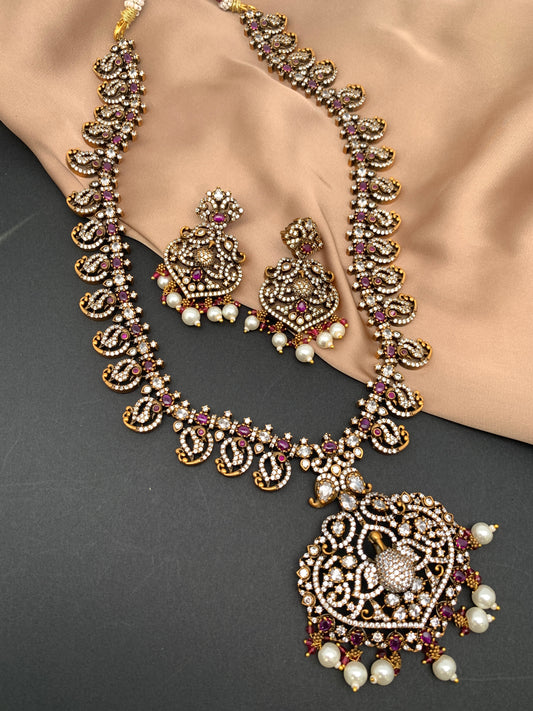 Polki Red Stone Peacock Mango Design Mehndi Polish Long Necklace