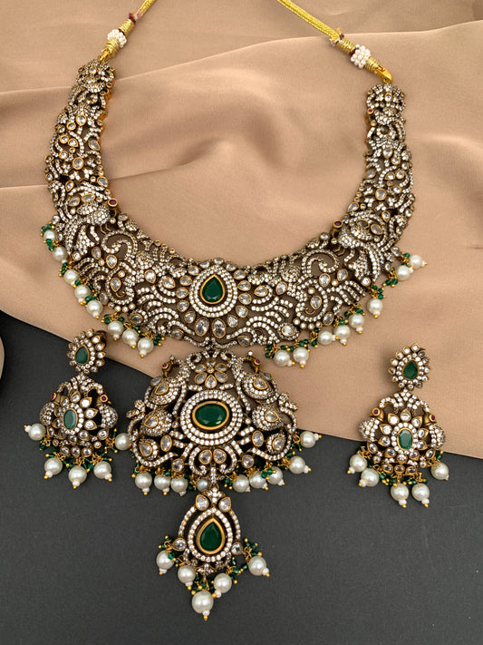 Polki Green Stone Peacock Design Mehndi Polish Short Necklace