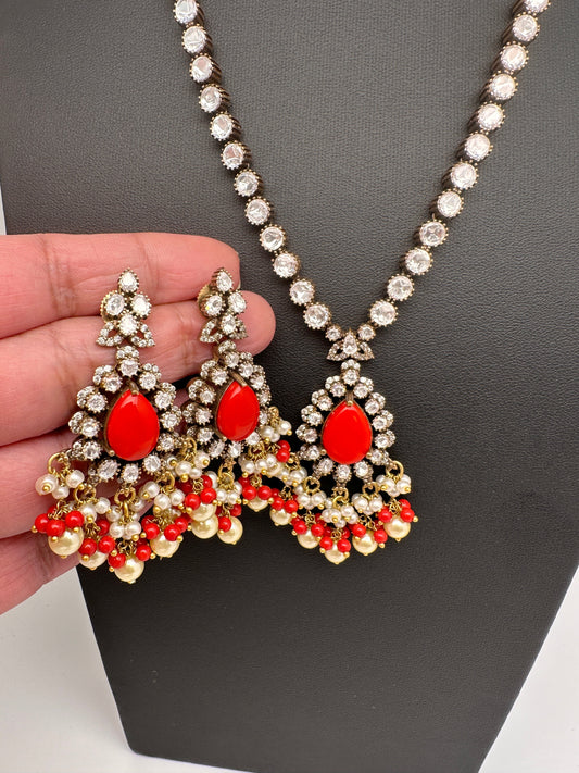 Polki Victorian Mehndi Finish Color Stone Necklace - Coral
