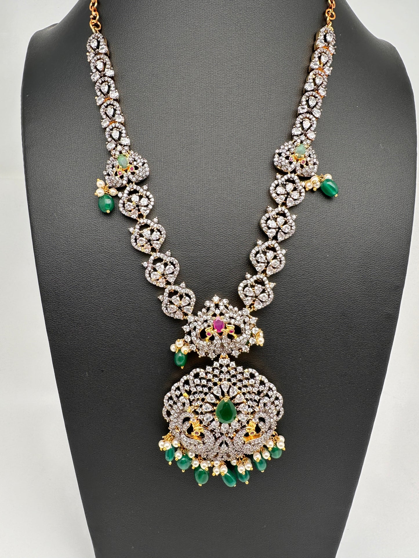 AD Multi Stone Peacock Pattern Victorian Dual Tone Polish Short Necklace