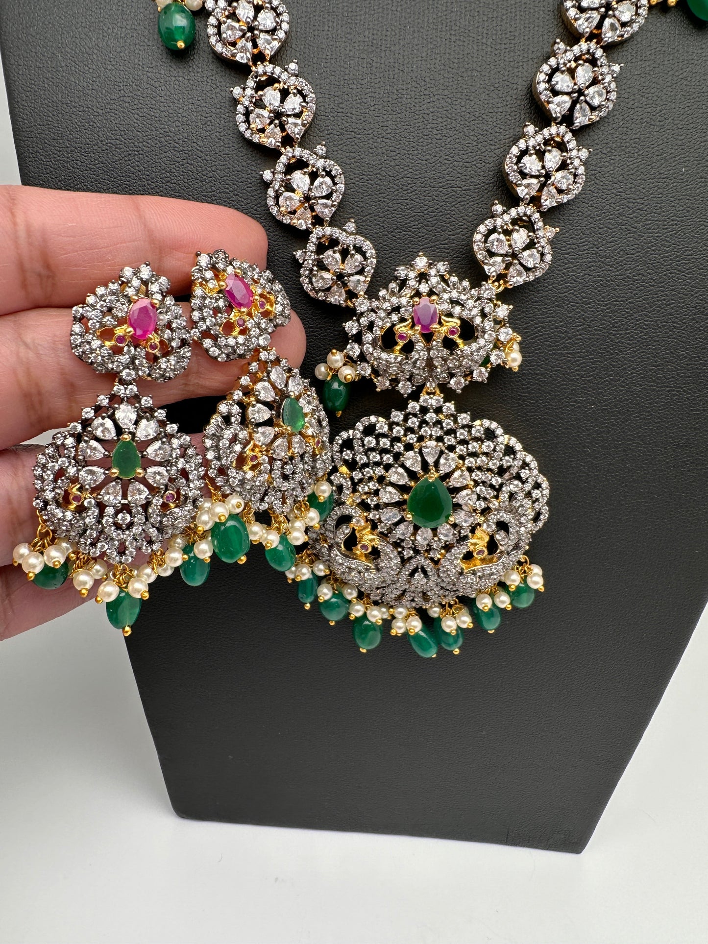 AD Multi Stone Peacock Pattern Victorian Dual Tone Polish Short Necklace