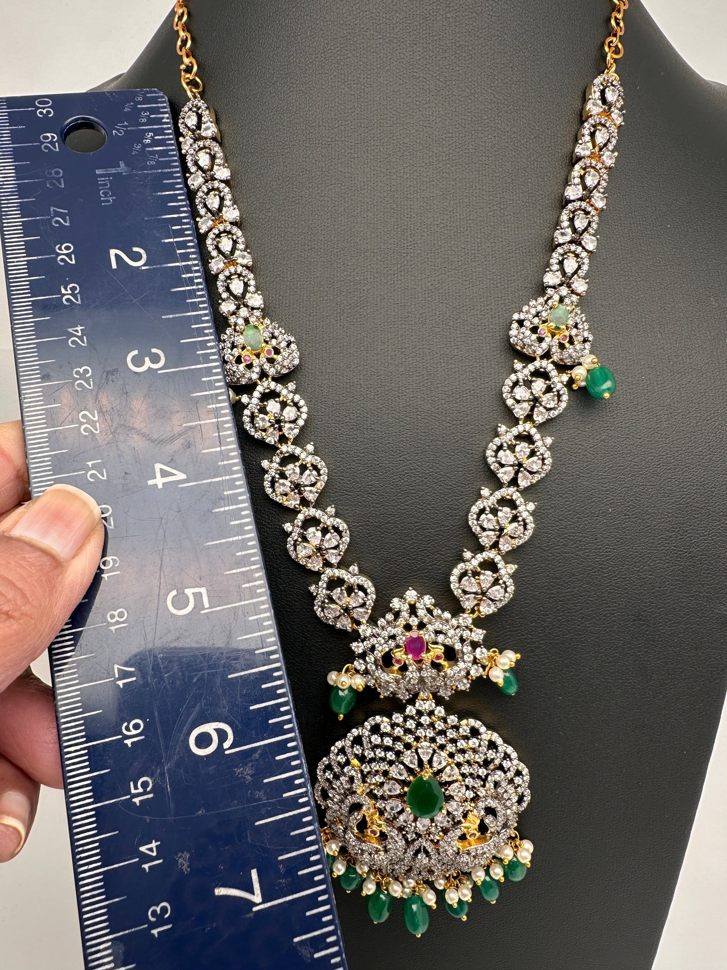 AD Multi Stone Peacock Pattern Victorian Dual Tone Polish Short Necklace