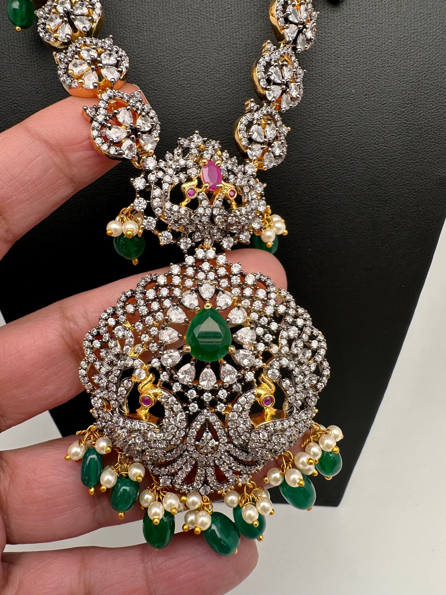 AD Multi Stone Peacock Pattern Victorian Dual Tone Polish Short Necklace