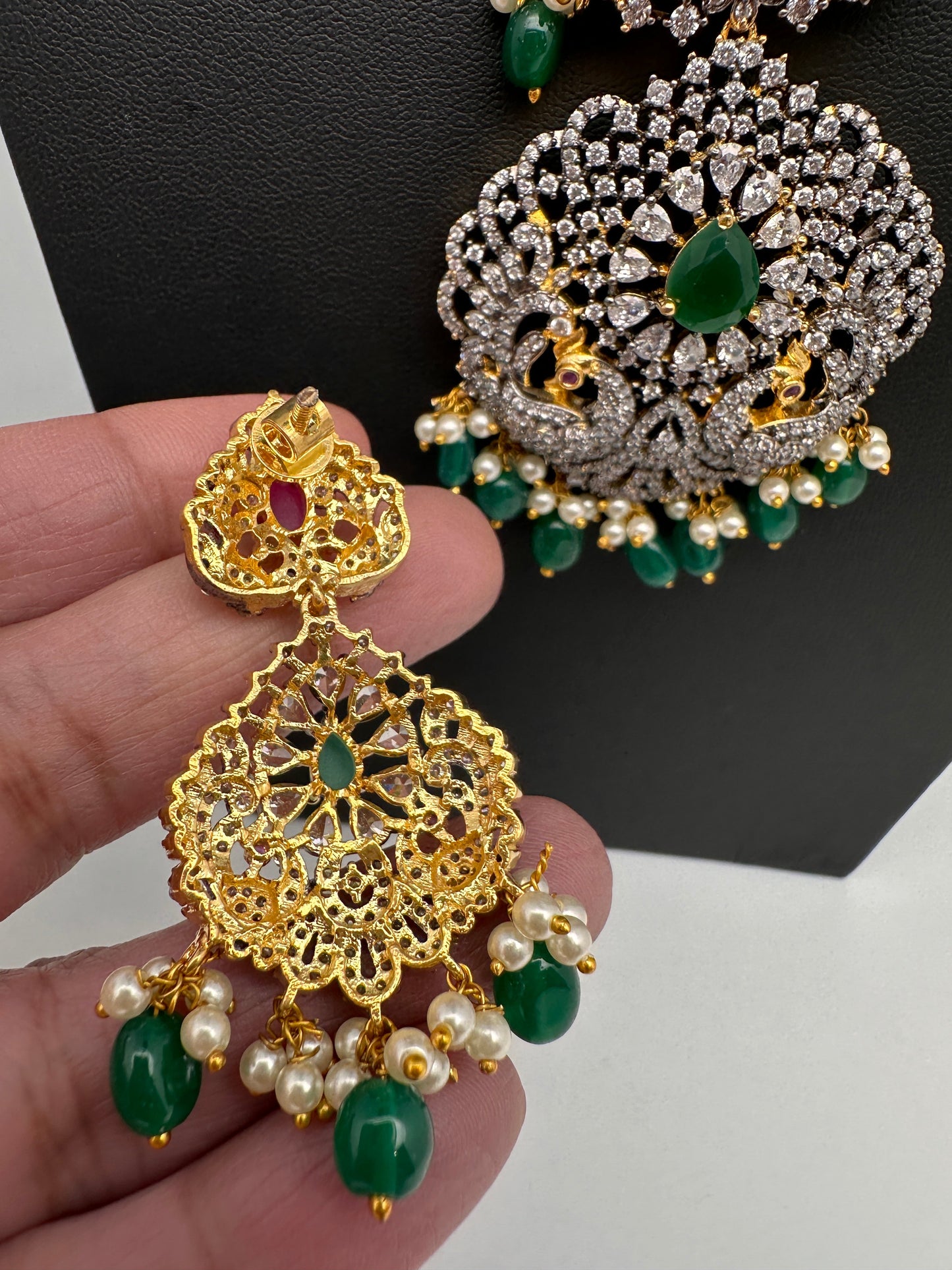 AD Multi Stone Peacock Pattern Victorian Dual Tone Polish Short Necklace