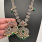 AD Multi Stone Peacock Pattern Victorian Dual Tone Polish Short Necklace