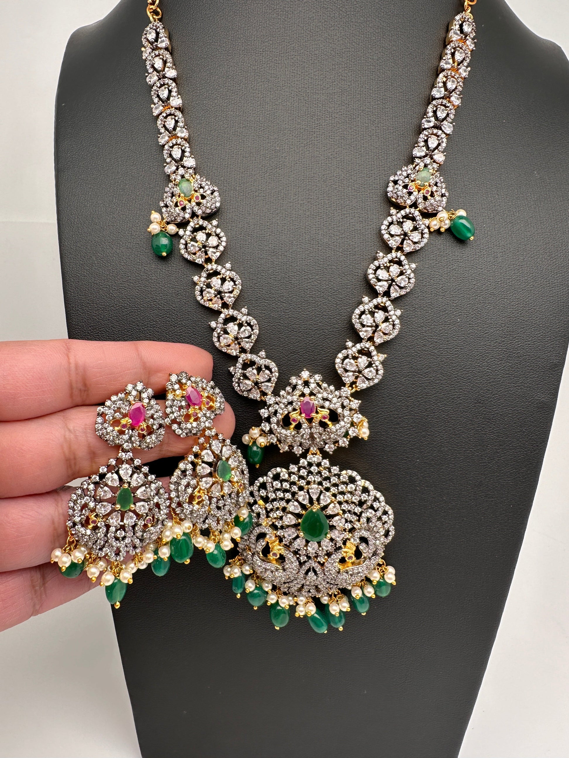AD Multi Stone Peacock Pattern Victorian Dual Tone Polish Short Necklace