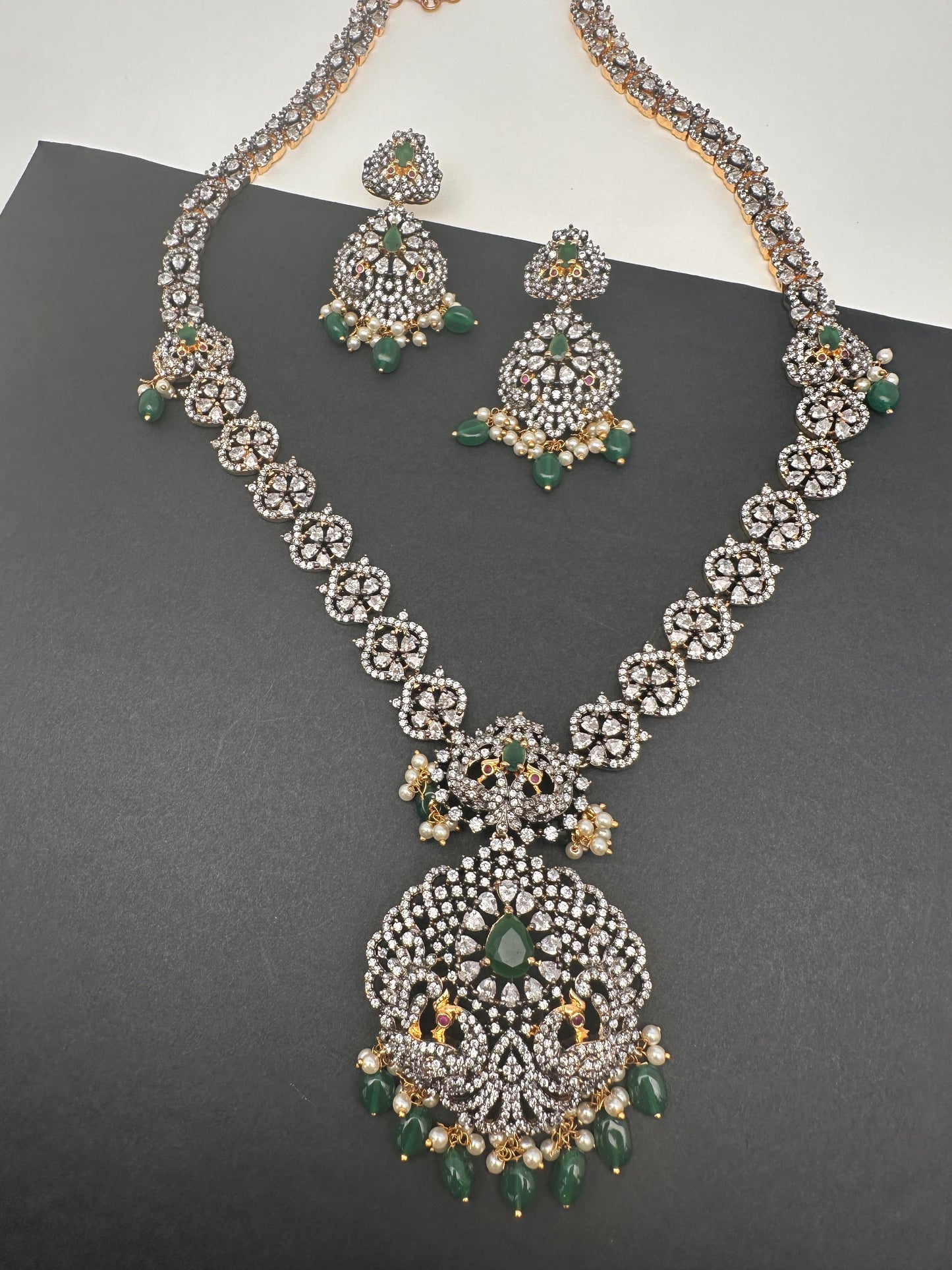 AD Green Stone Peacock Pattern Victorian Dual Tone Polish Long Necklace