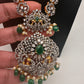 AD Green Stone Peacock Pattern Victorian Dual Tone Polish Long Necklace