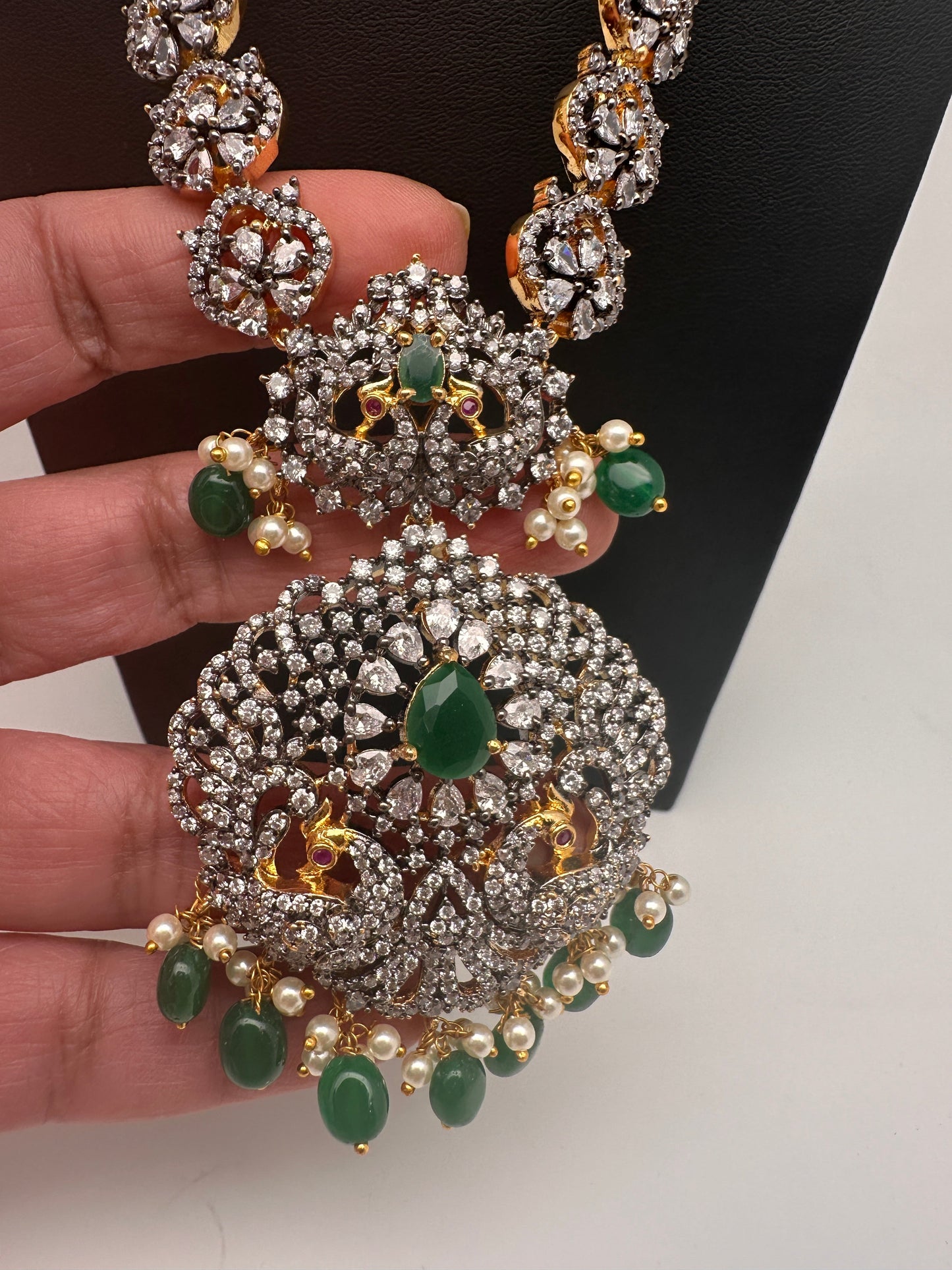 AD Green Stone Peacock Pattern Victorian Dual Tone Polish Long Necklace
