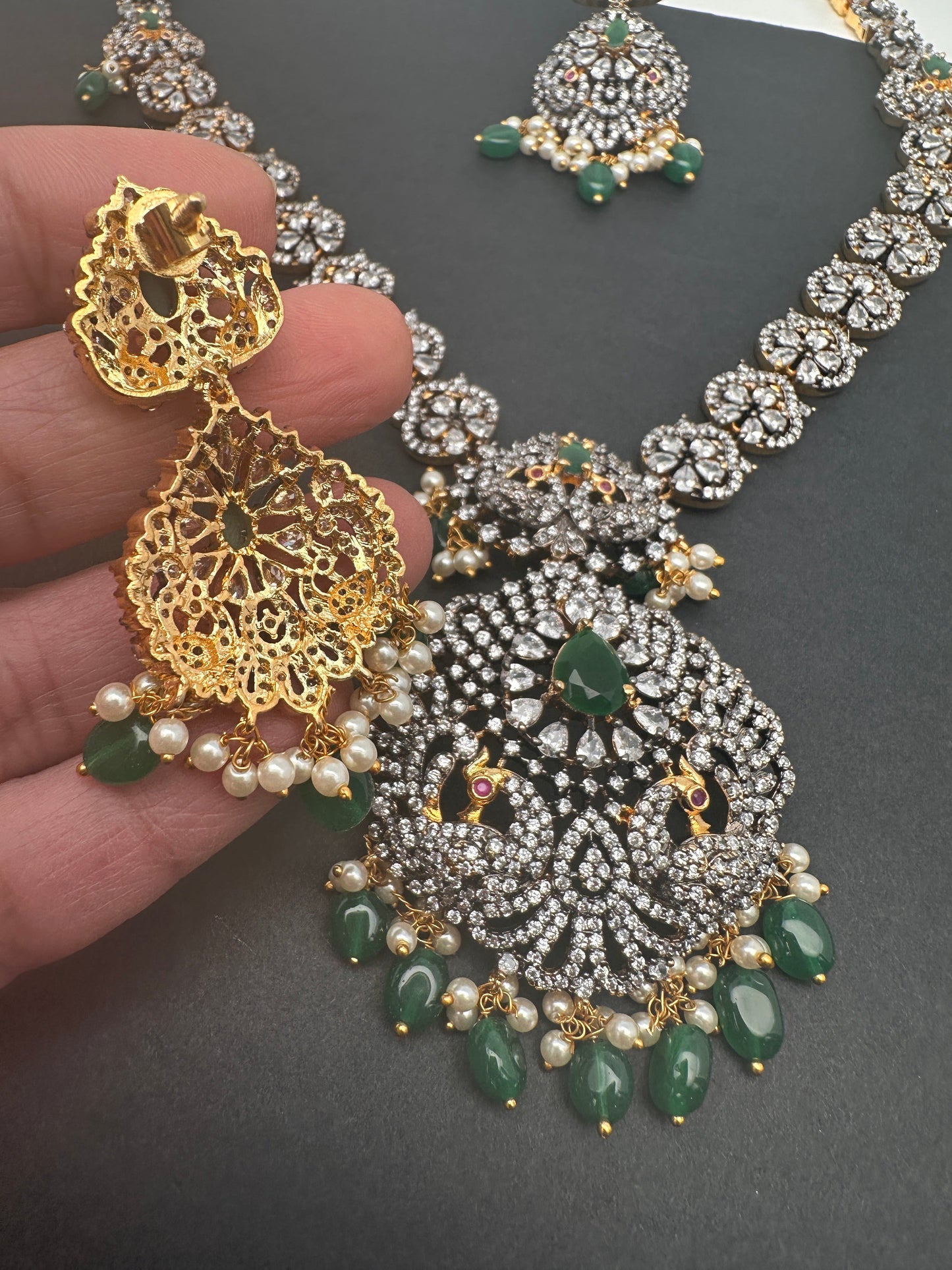 AD Green Stone Peacock Pattern Victorian Dual Tone Polish Long Necklace