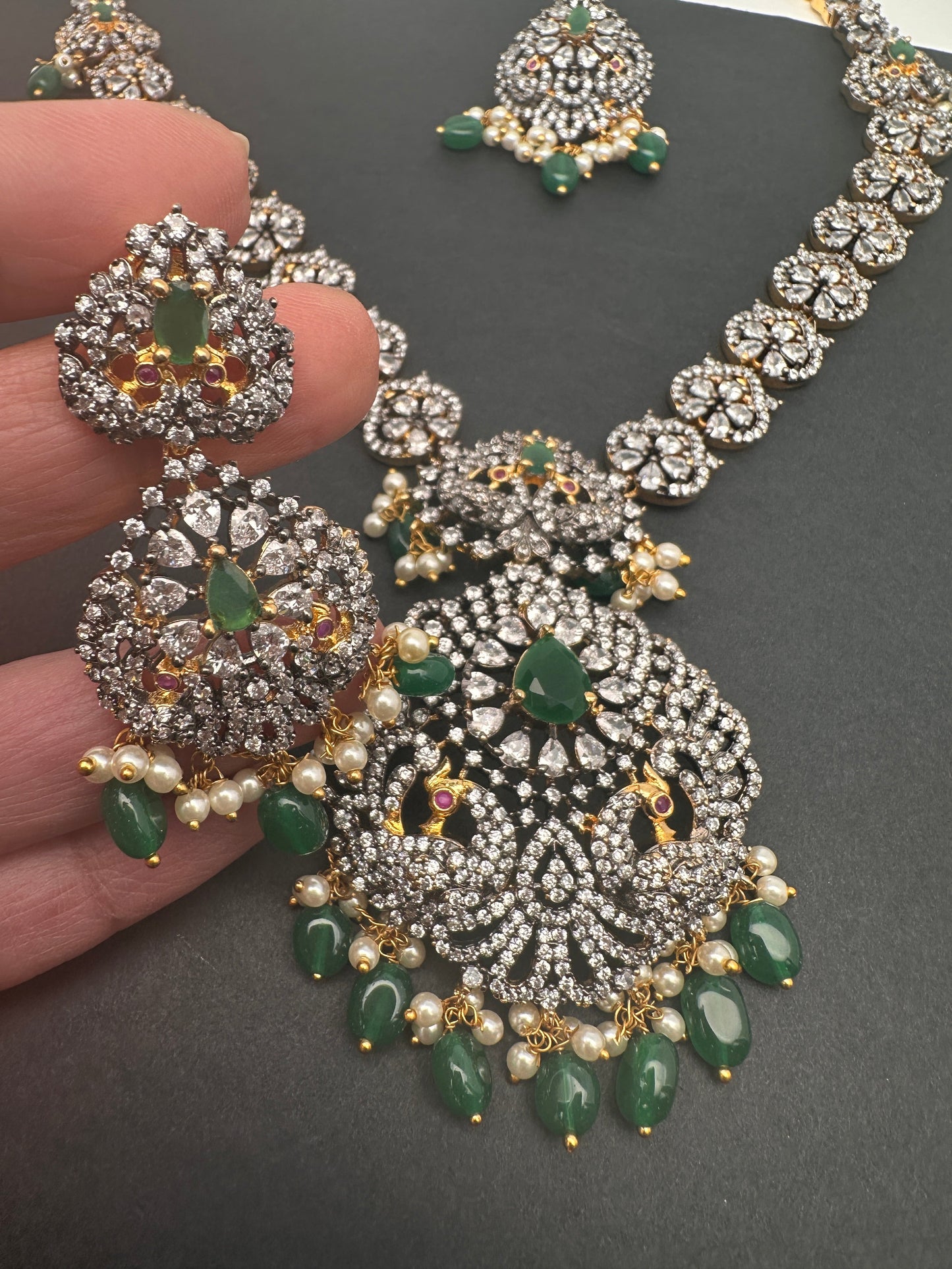 AD Green Stone Peacock Pattern Victorian Dual Tone Polish Long Necklace