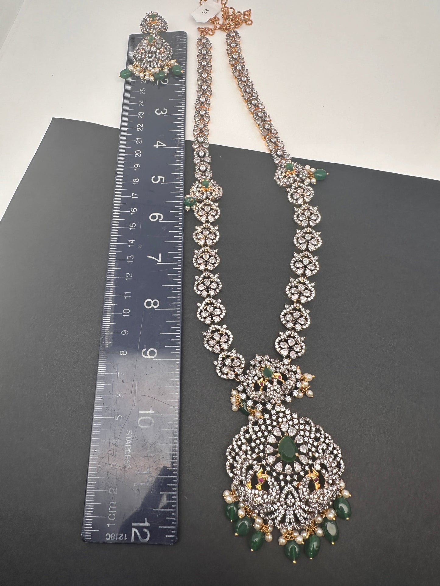 AD Green Stone Peacock Pattern Victorian Dual Tone Polish Long Necklace