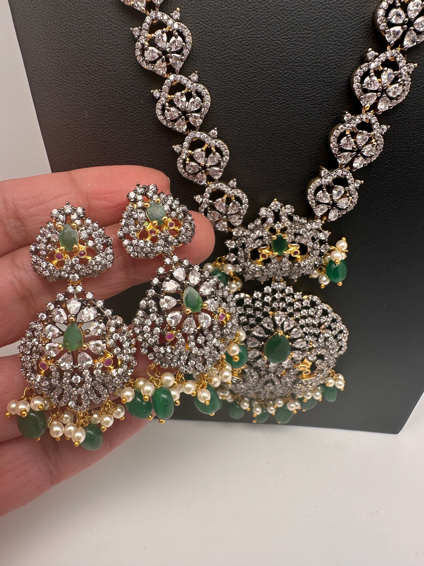 AD Green Stone Peacock Pattern Victorian Dual Tone Polish Long Necklace