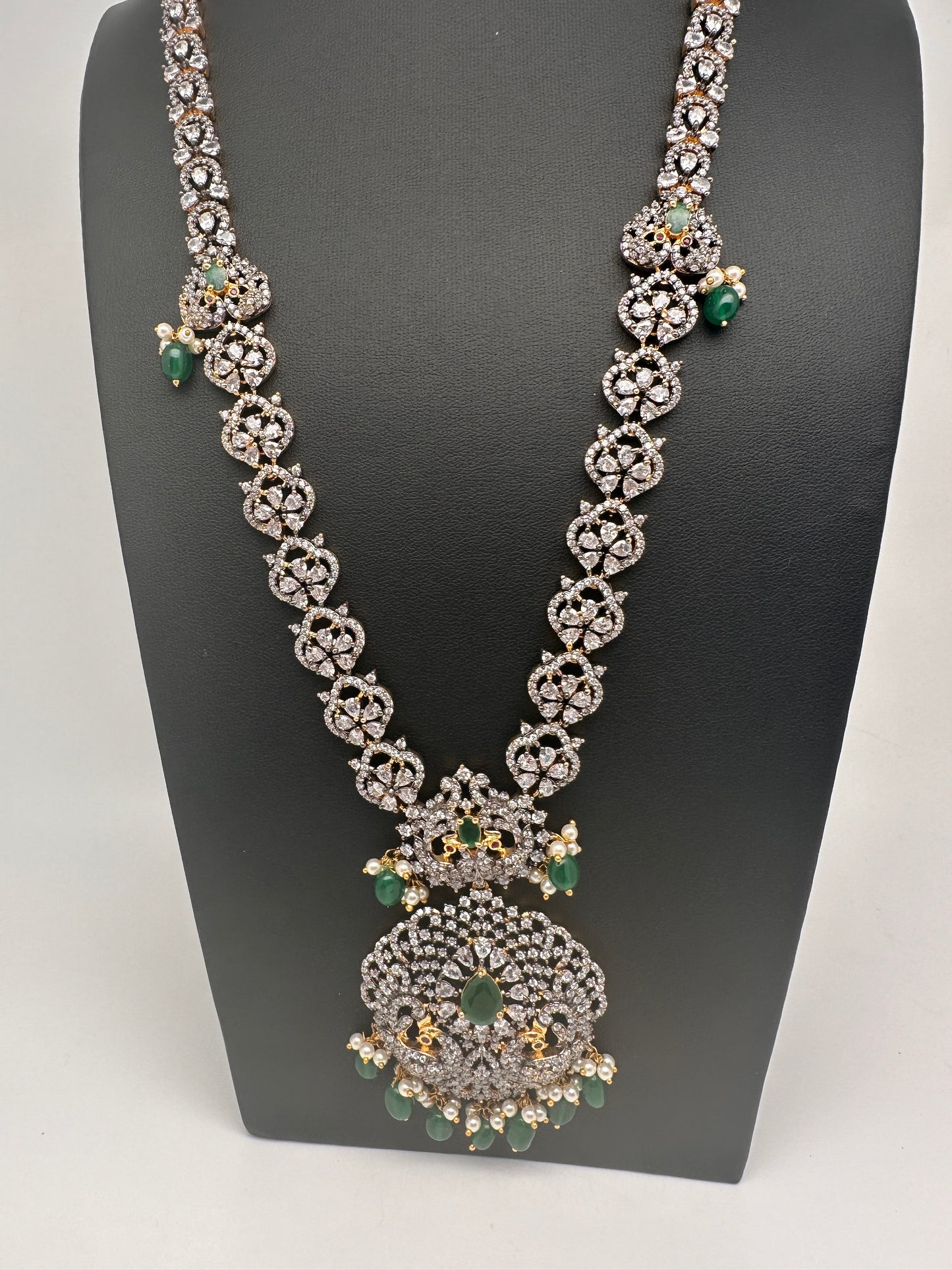 AD Green Stone Peacock Pattern Victorian Dual Tone Polish Long Necklace
