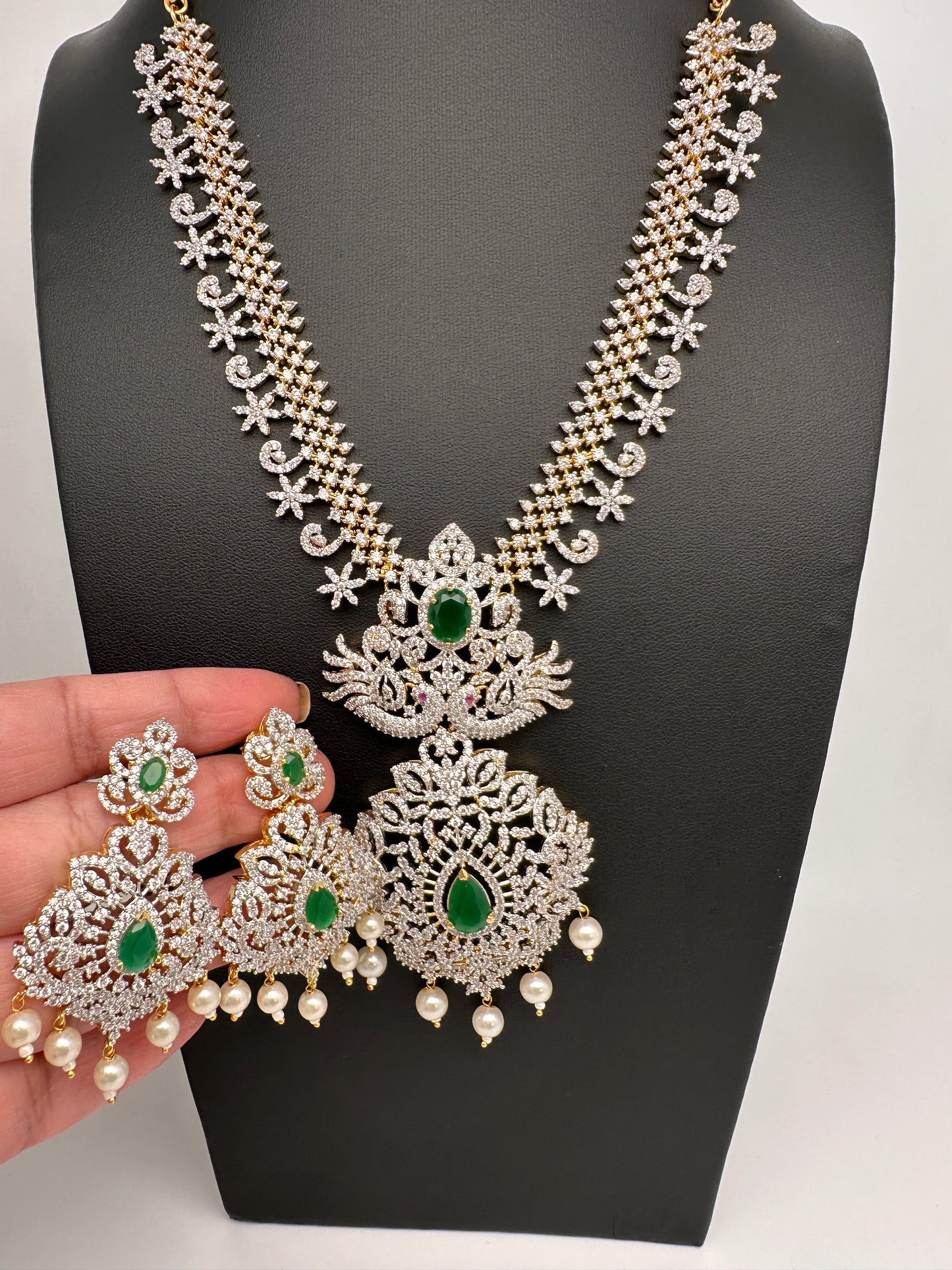 AD Diamond Finish Color Stone Peacock Design Short Necklace