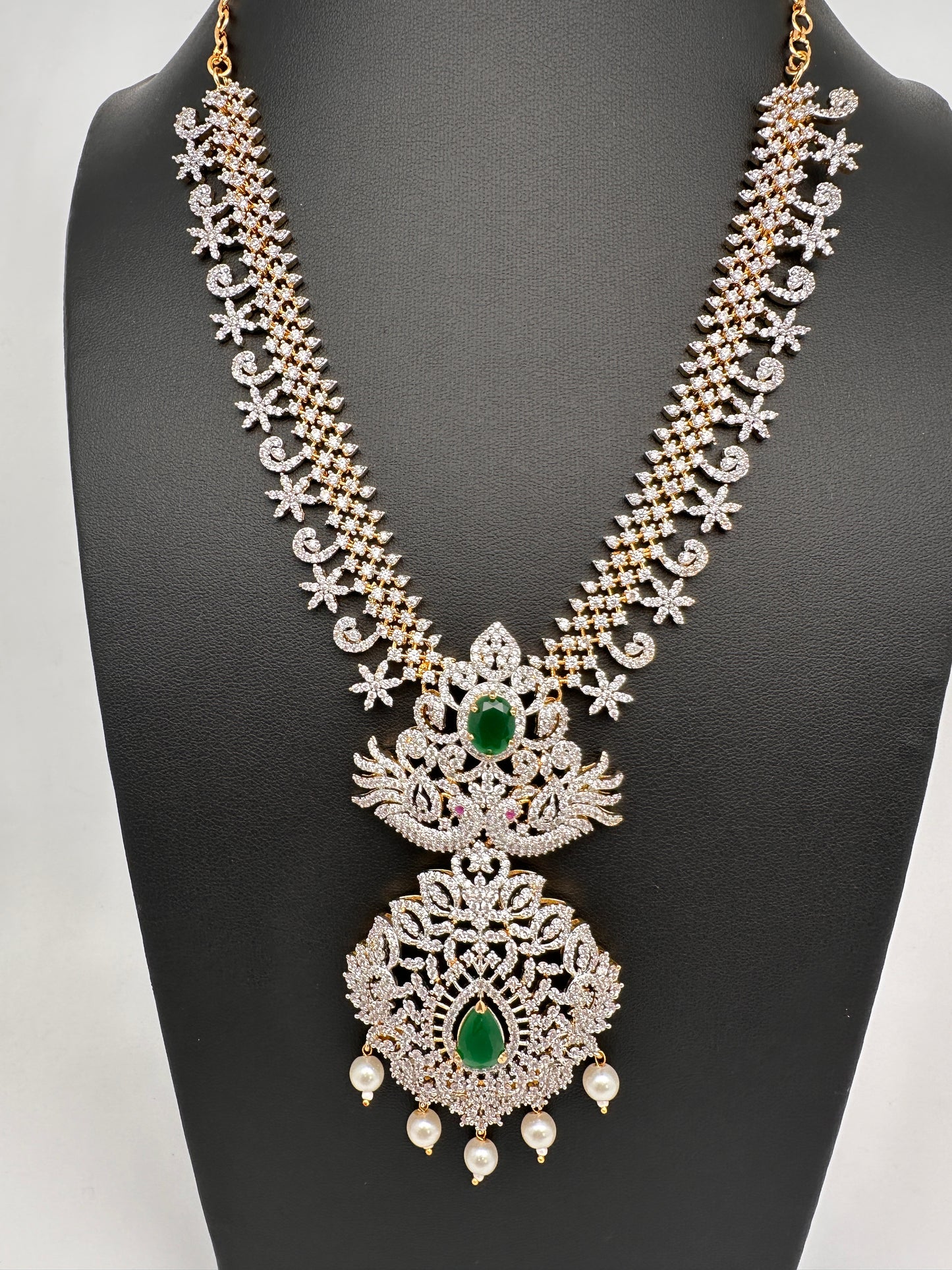 AD Diamond Finish Color Stone Peacock Design Short Necklace