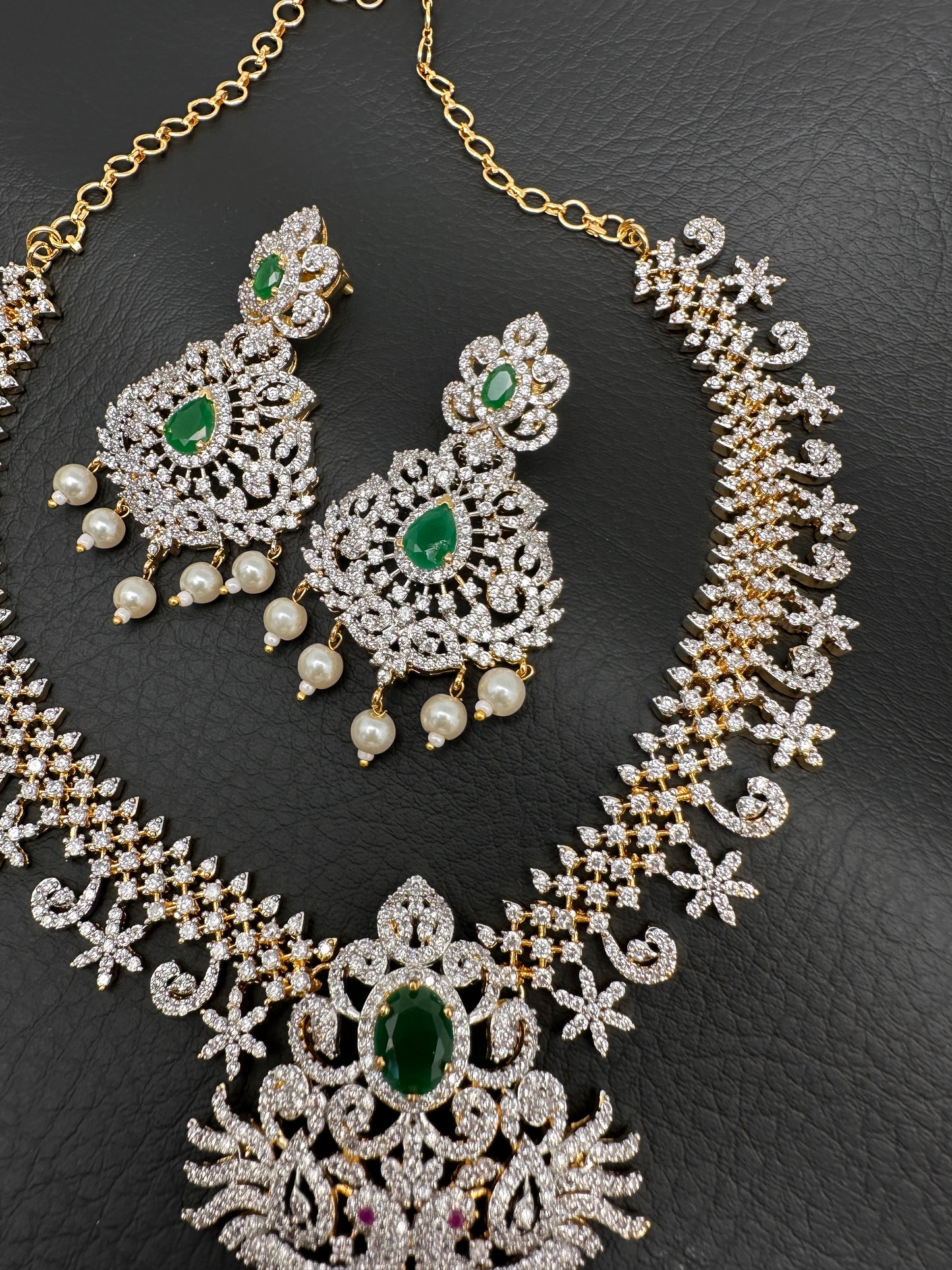 AD Diamond Finish Color Stone Peacock Design Short Necklace