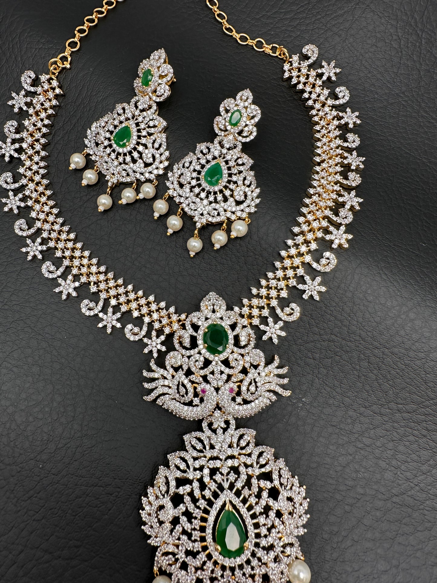 AD Diamond Finish Color Stone Peacock Design Short Necklace