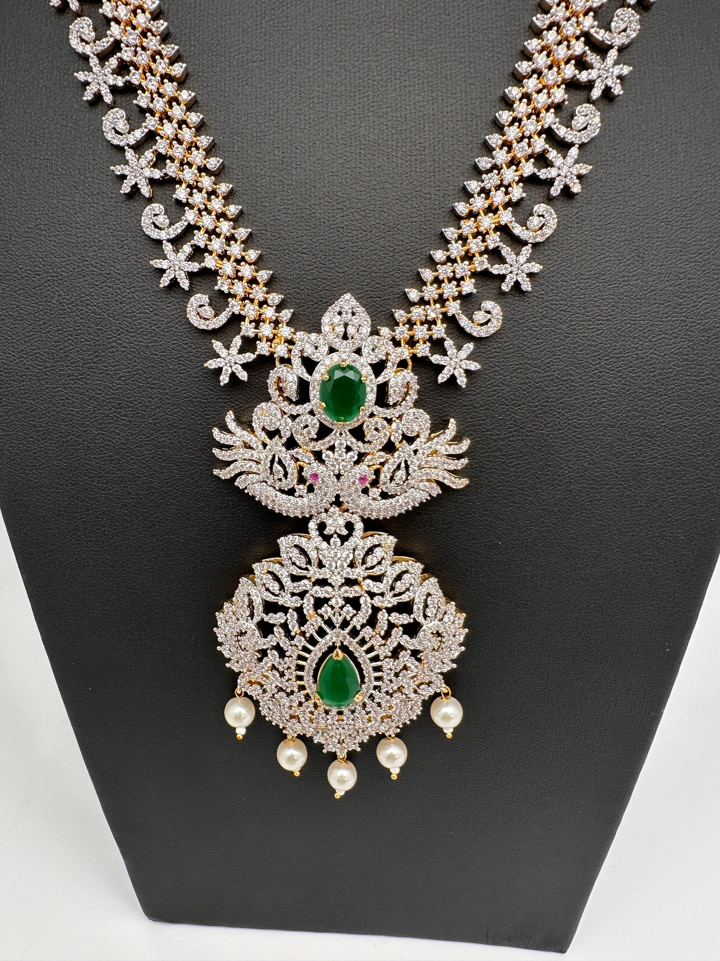 AD Diamond Finish Color Stone Peacock Design Short Necklace