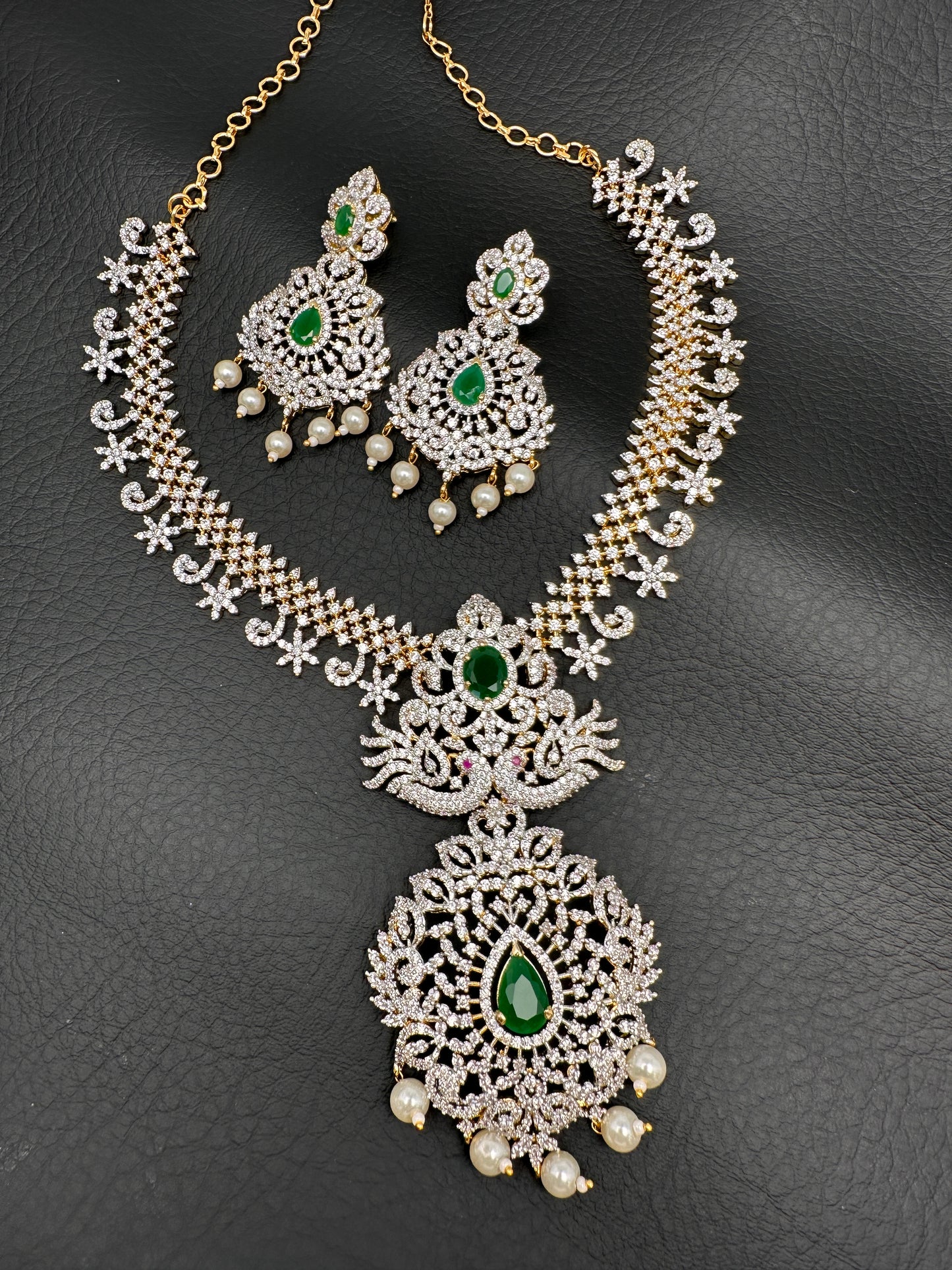 AD Diamond Finish Color Stone Peacock Design Short Necklace