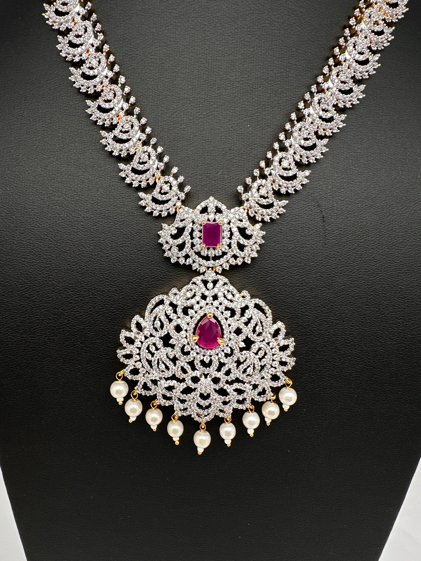 AD Diamond Finish Color Stone Mango Design Short Necklace