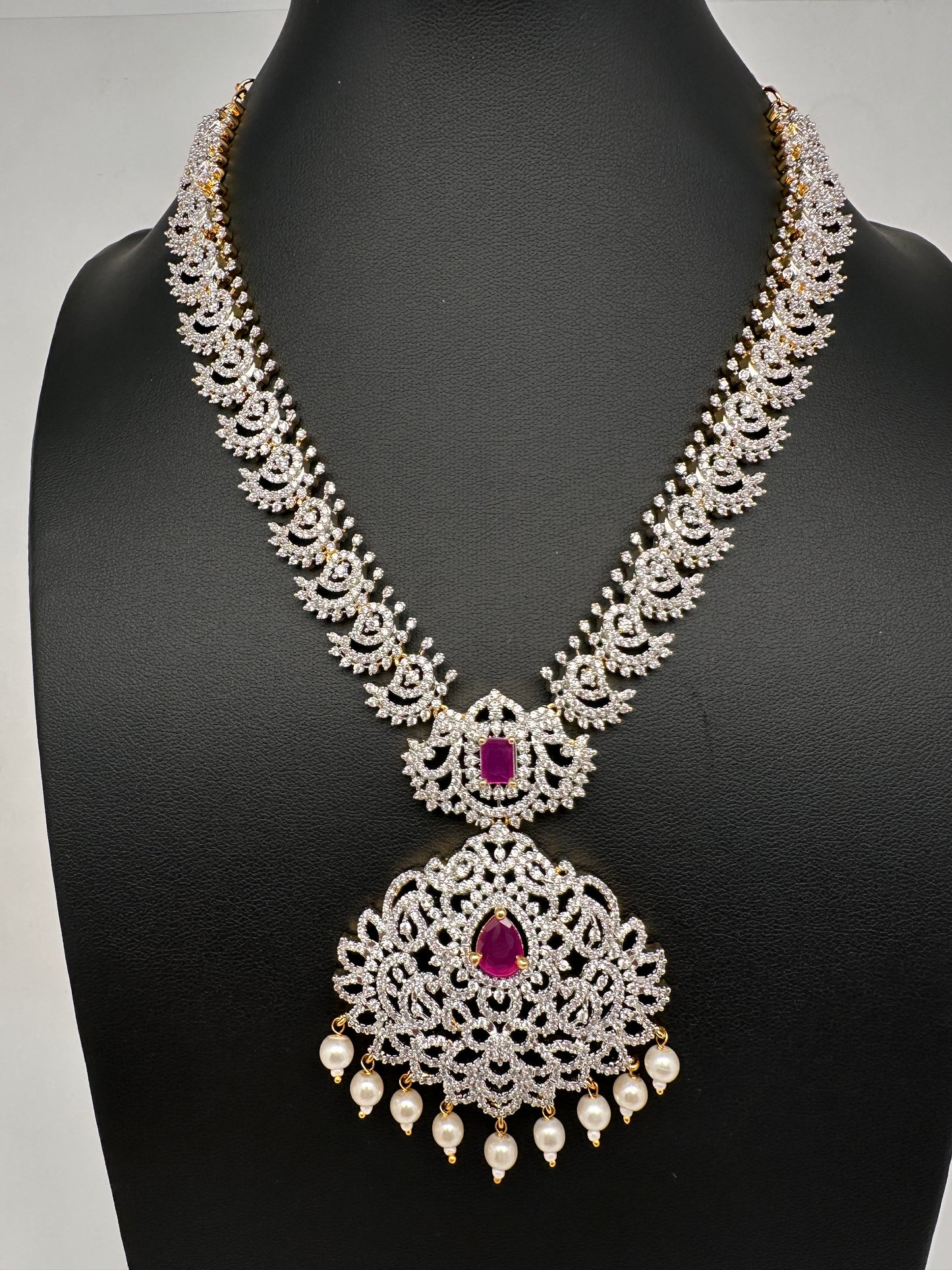 AD Diamond Finish Color Stone Mango Design Short Necklace