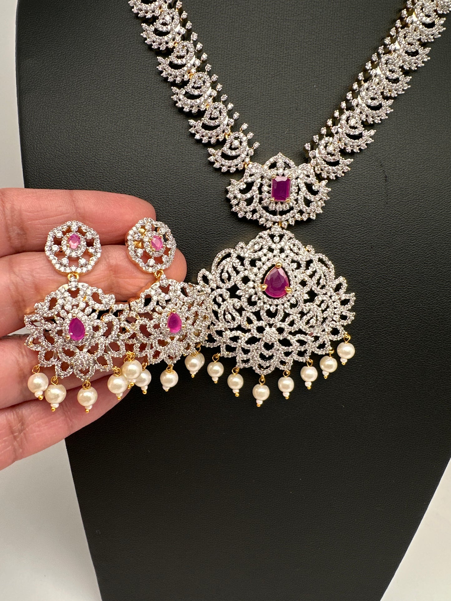 AD Diamond Finish Color Stone Mango Design Short Necklace