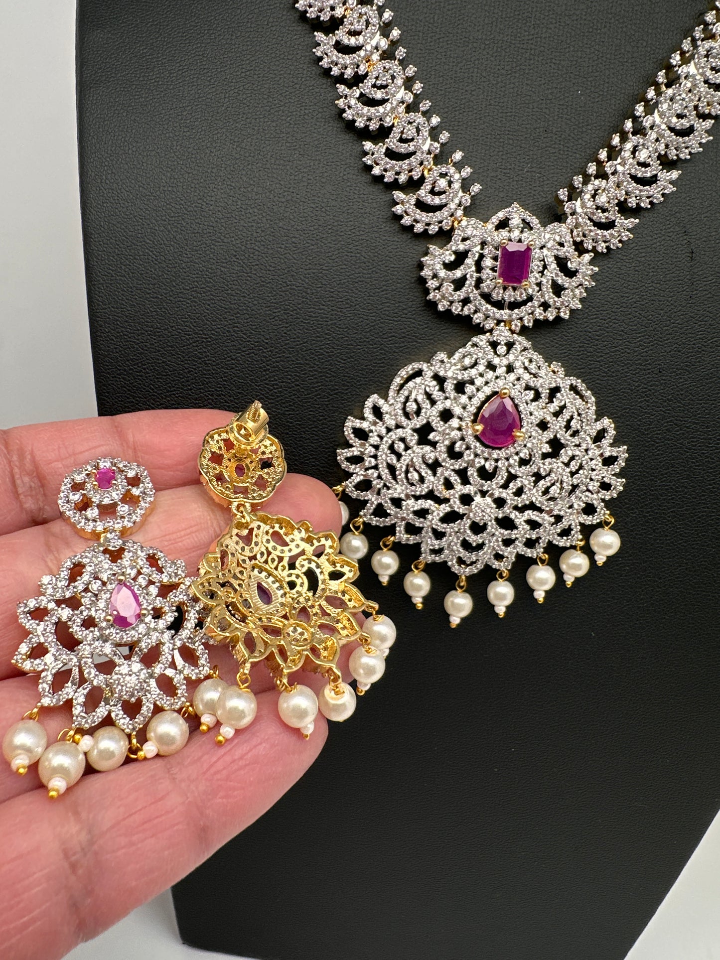 AD Diamond Finish Color Stone Mango Design Short Necklace