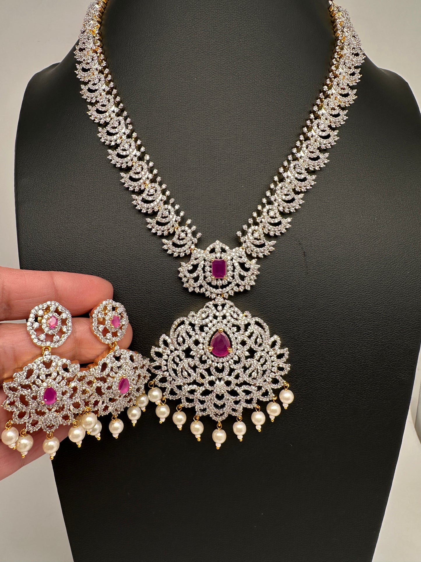 AD Diamond Finish Color Stone Mango Design Short Necklace