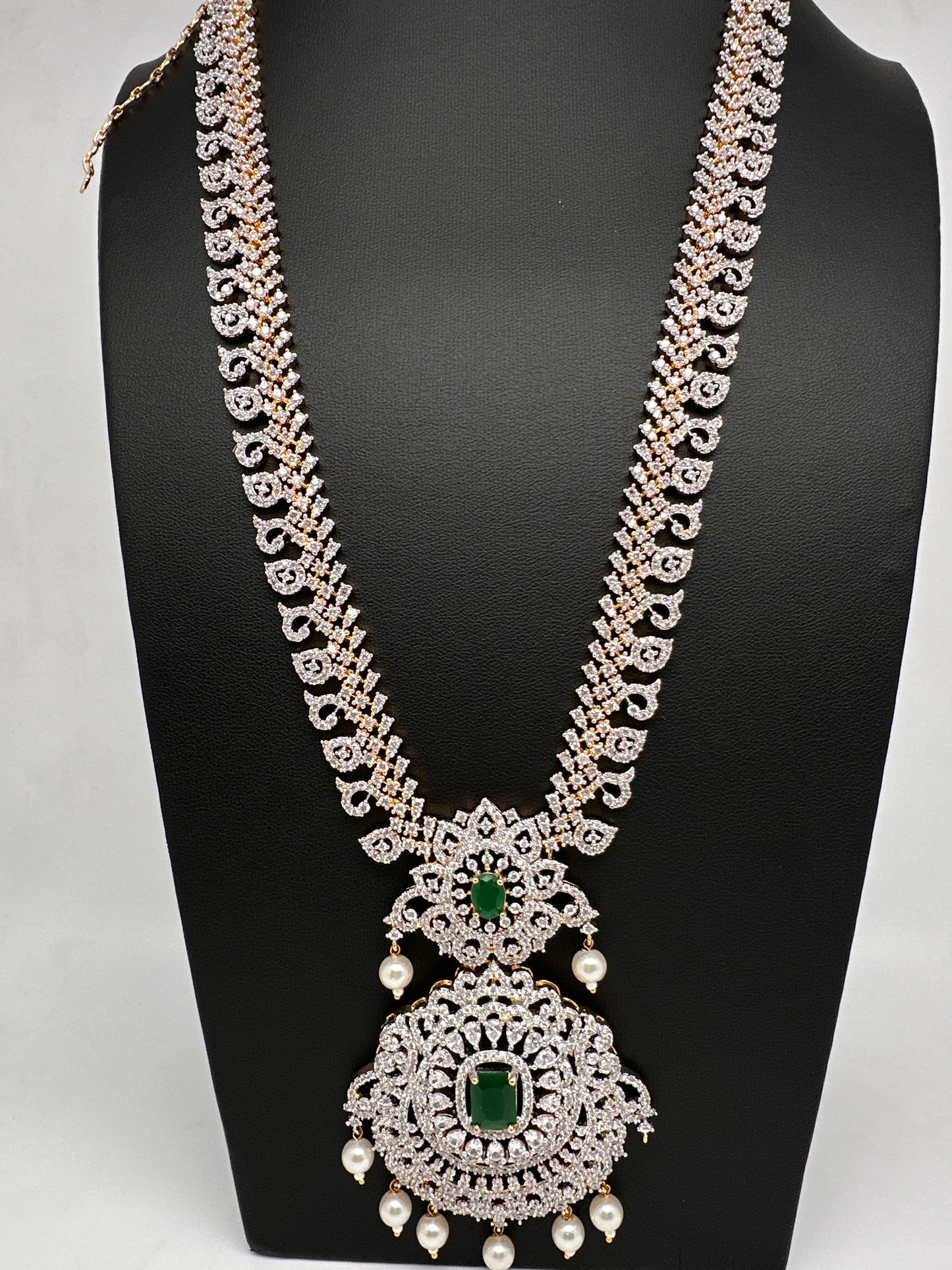 AD Diamond Finish Color Stone Mango Design Long Necklace - Green