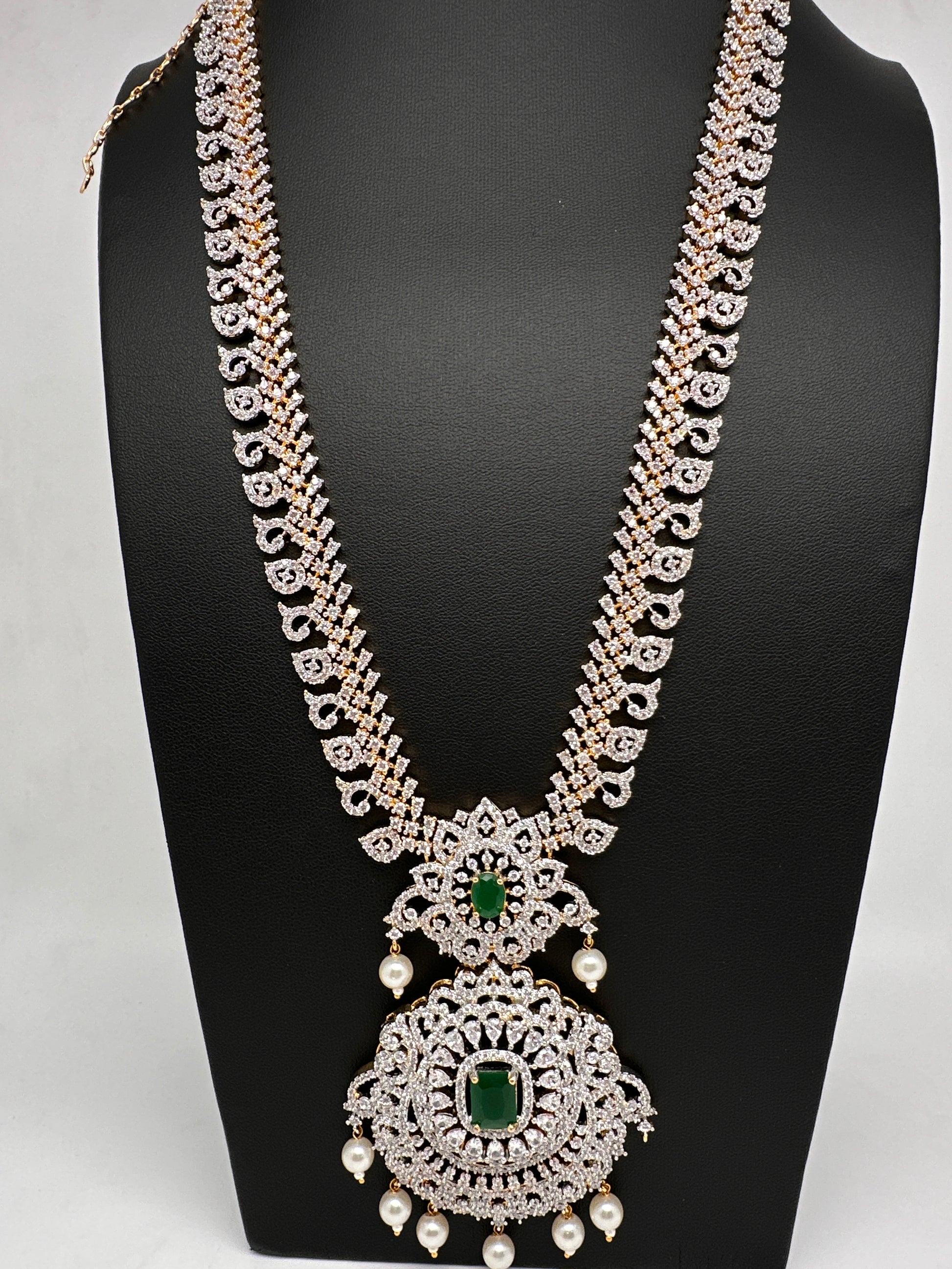 AD Diamond Finish Color Stone Mango Design Long Necklace - Green