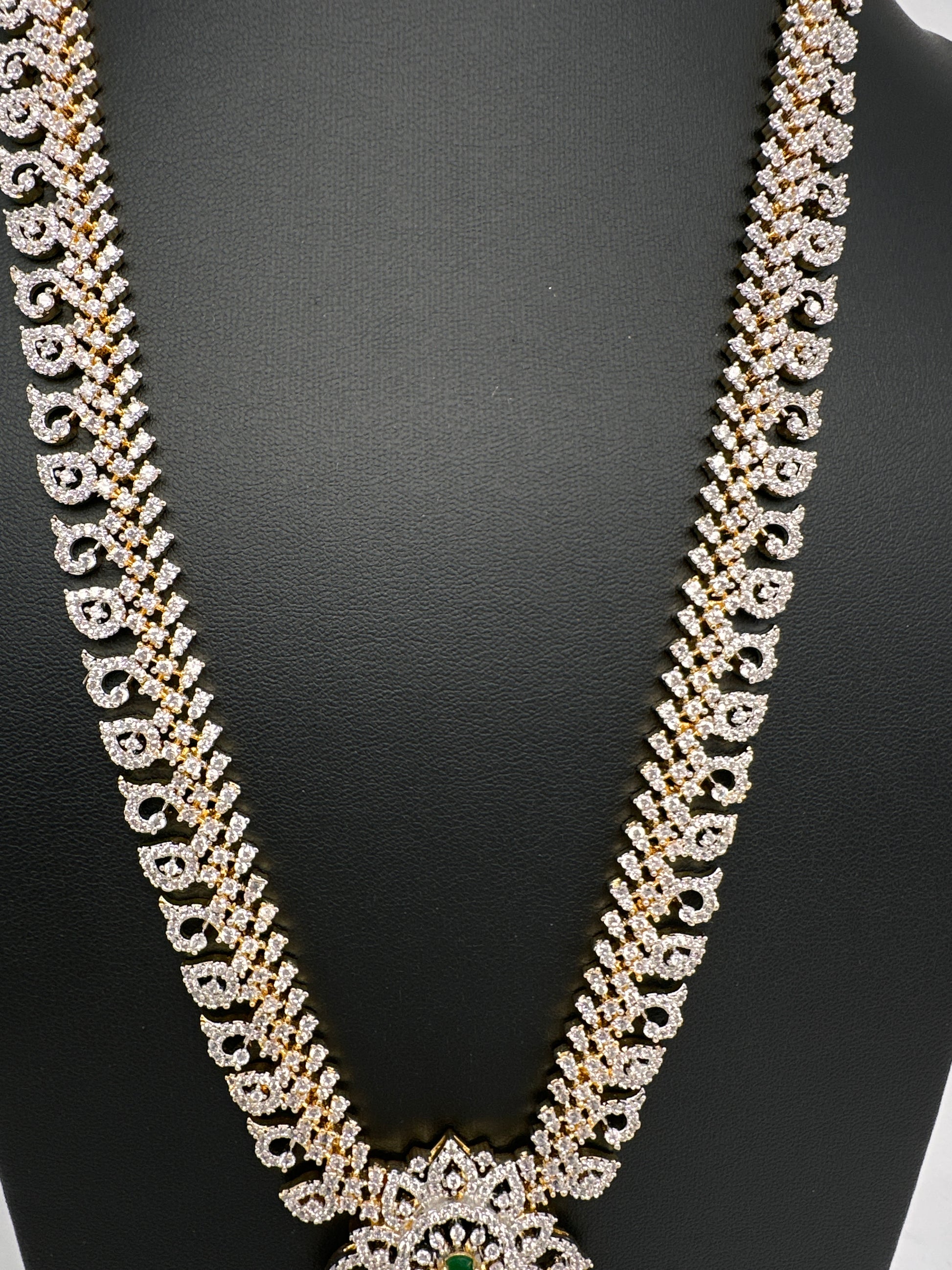 AD Diamond Finish Color Stone Mango Design Long Necklace - Green