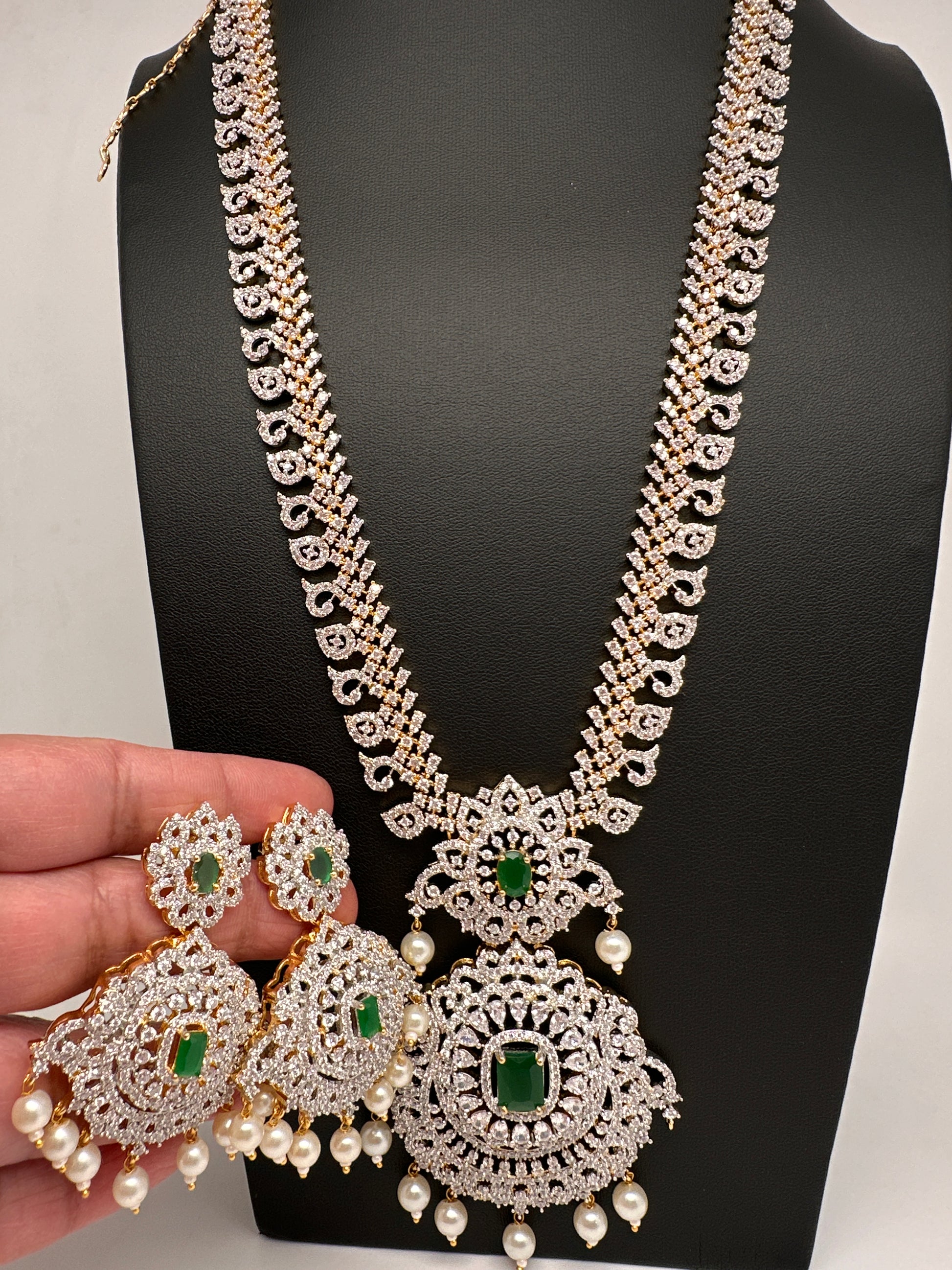AD Diamond Finish Color Stone Mango Design Long Necklace - Green
