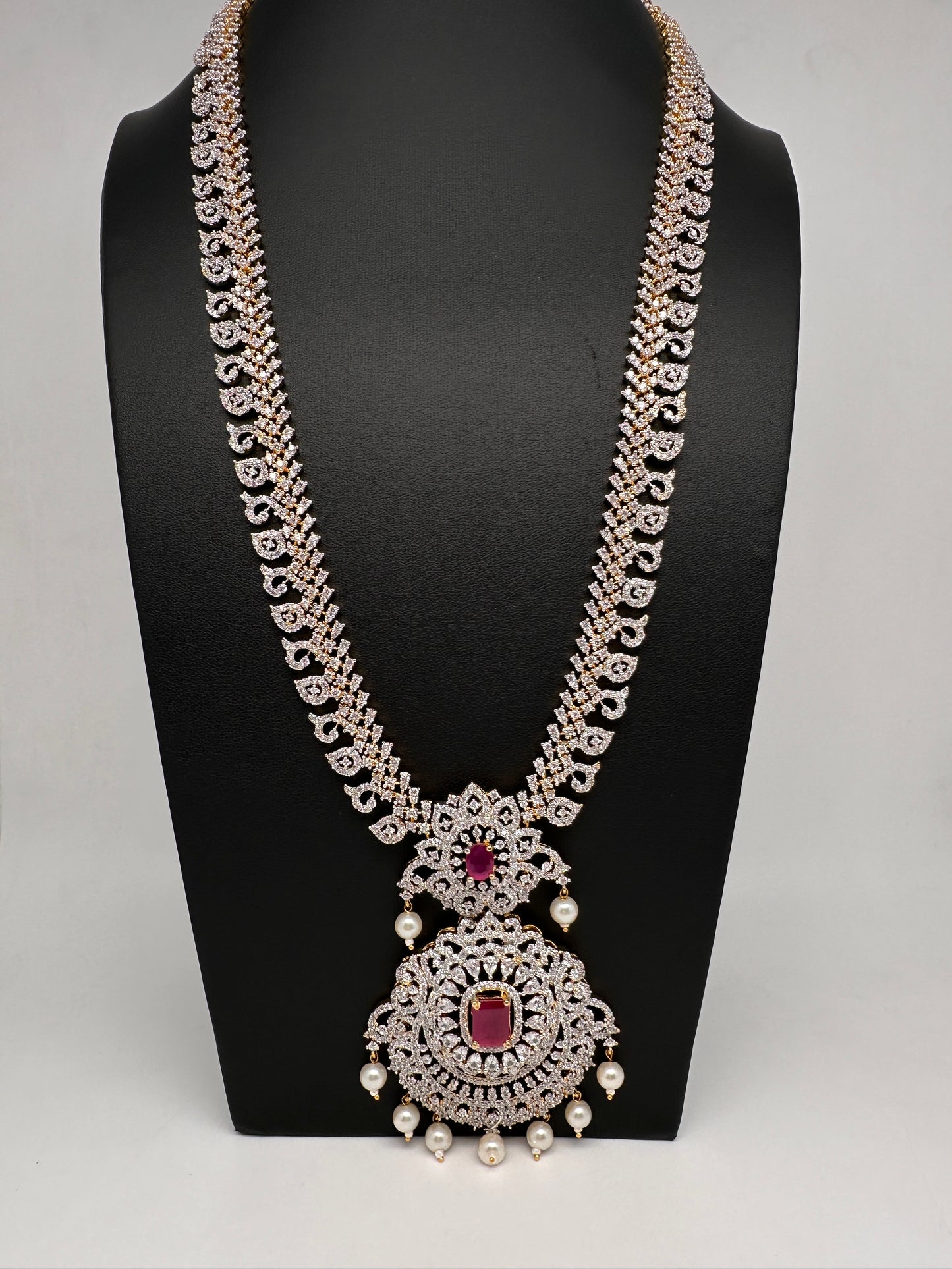 AD Diamond Finish Color Stone Mango Design Long Necklace - Red
