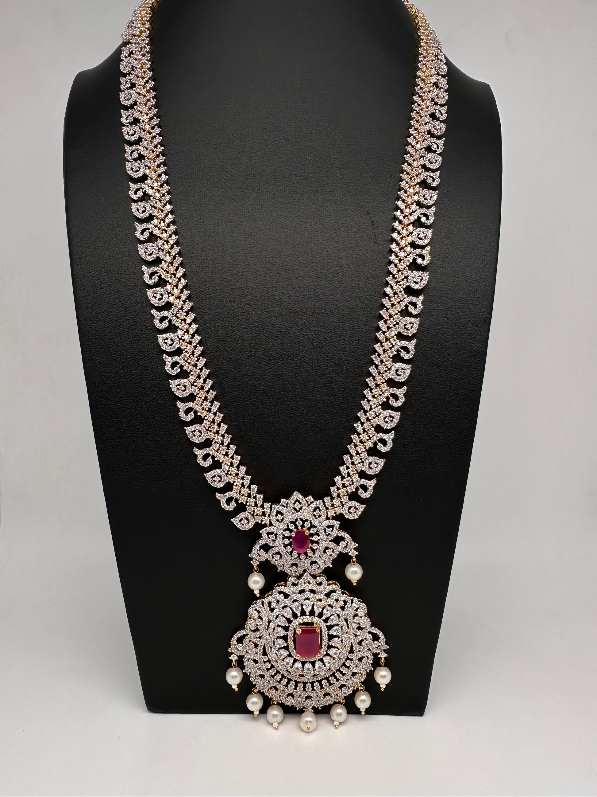 AD Diamond Finish Color Stone Mango Design Long Necklace - Red
