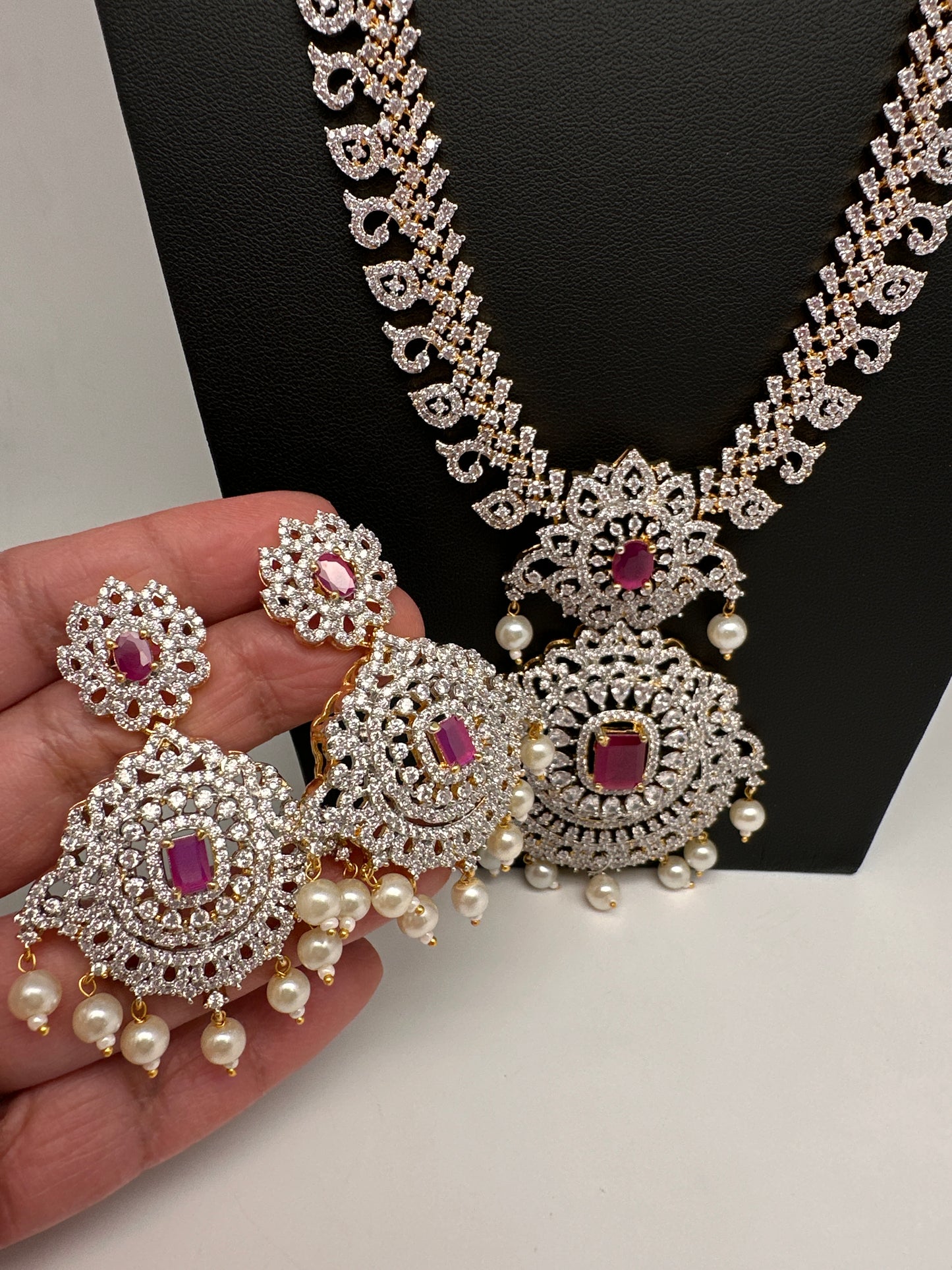 AD Diamond Finish Color Stone Mango Design Long Necklace - Red