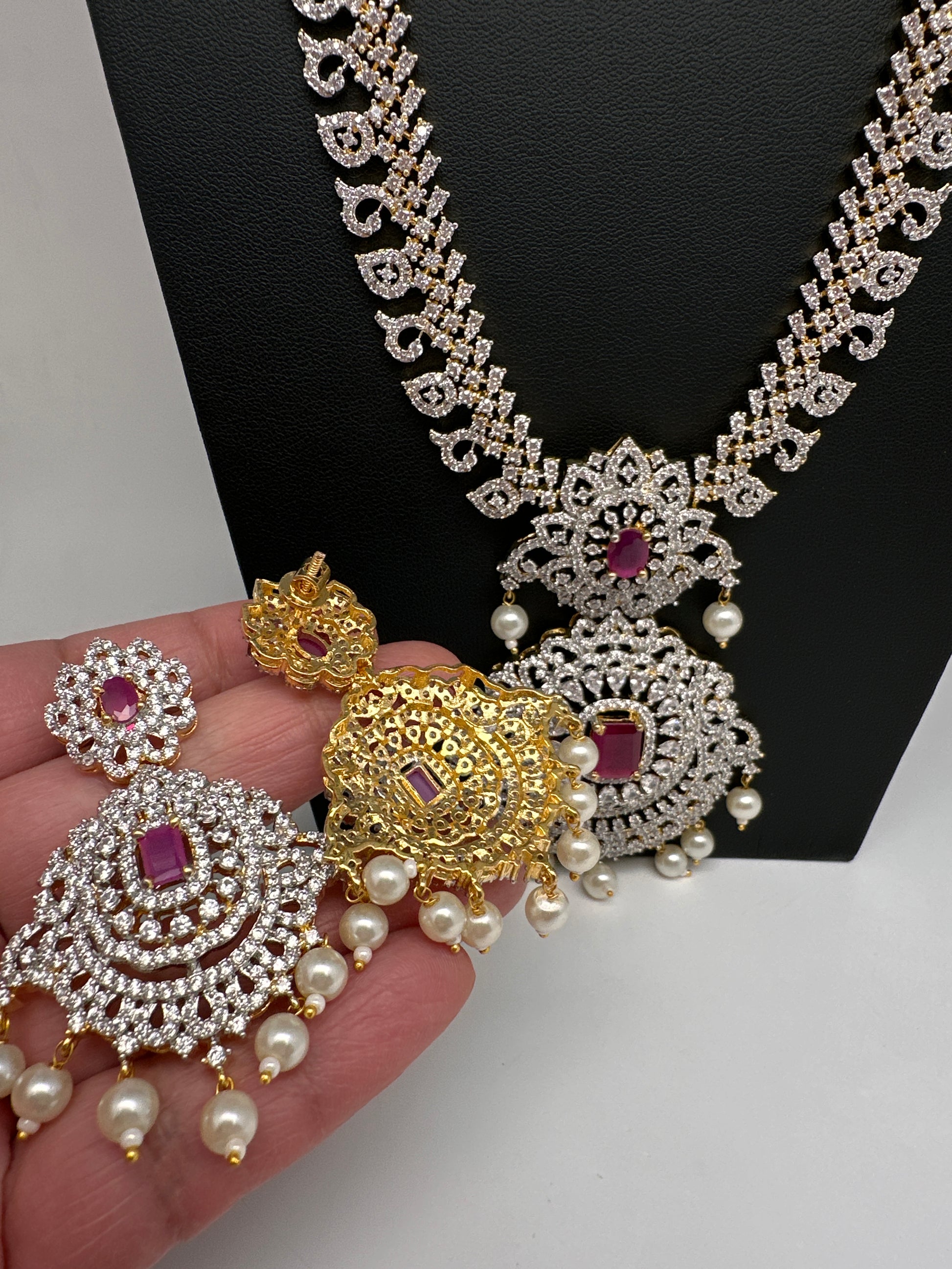 AD Diamond Finish Color Stone Mango Design Long Necklace - Red
