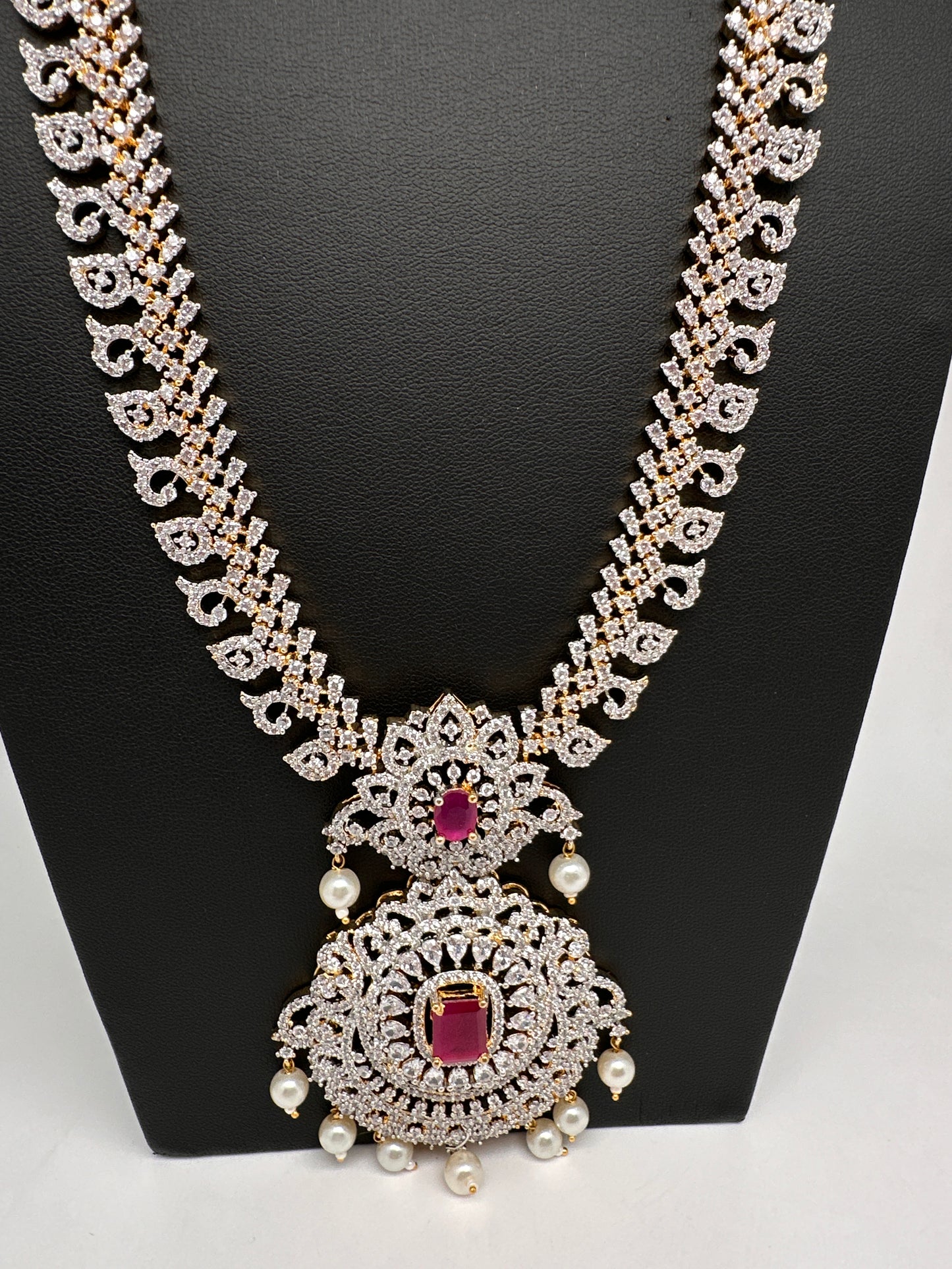 AD Diamond Finish Color Stone Mango Design Long Necklace - Red
