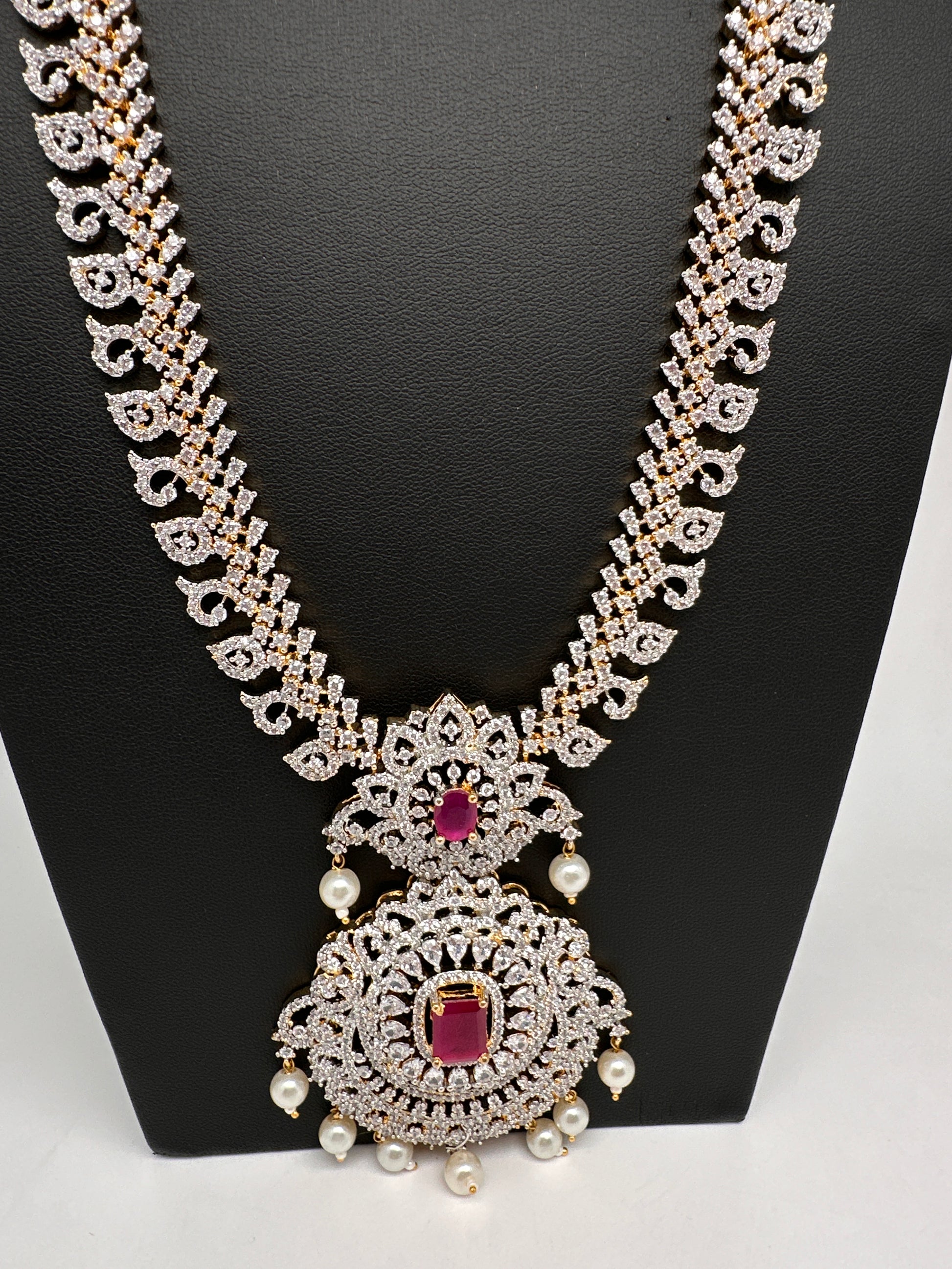 AD Diamond Finish Color Stone Mango Design Long Necklace - Red