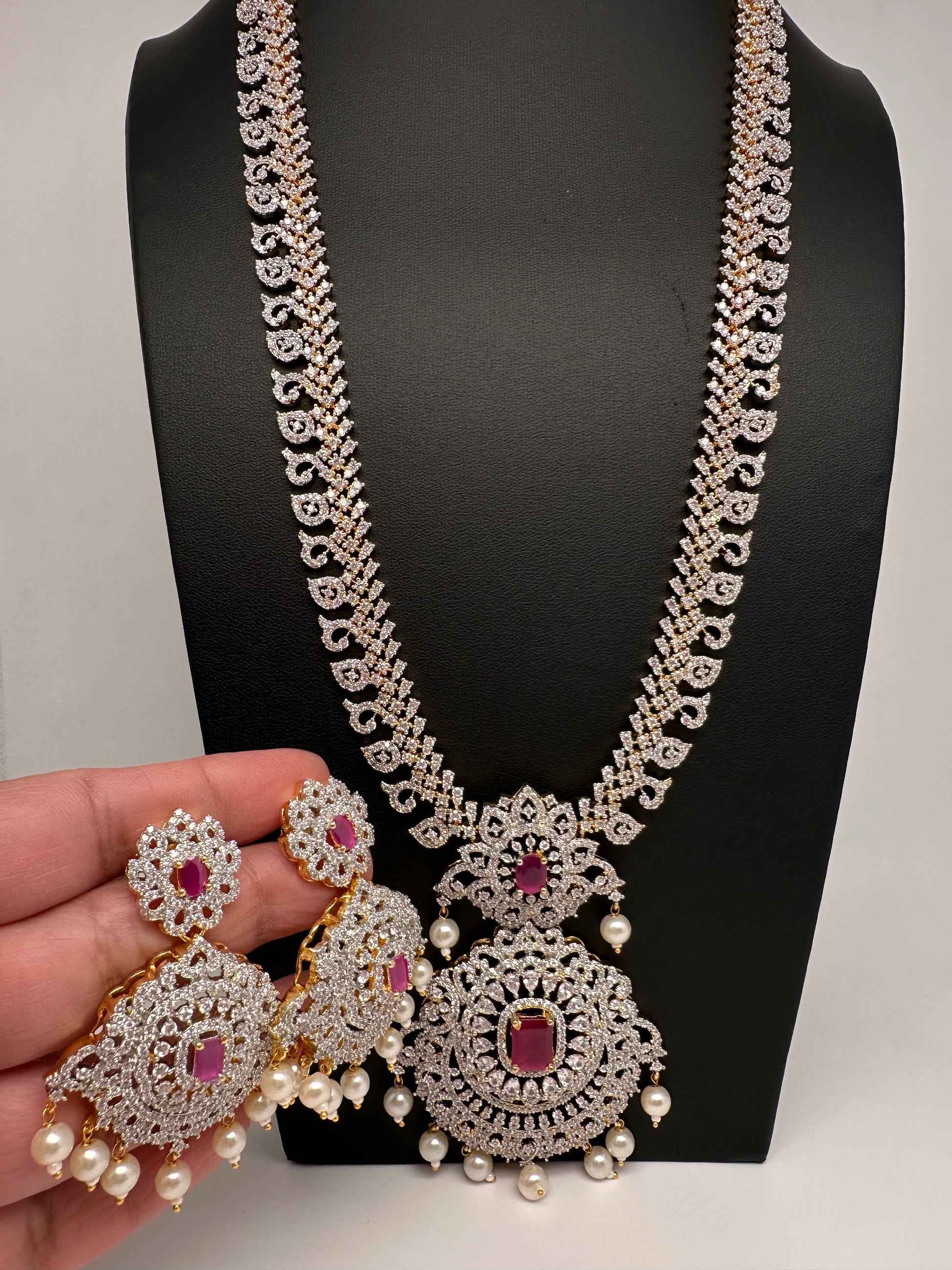AD Diamond Finish Color Stone Mango Design Long Necklace - Red