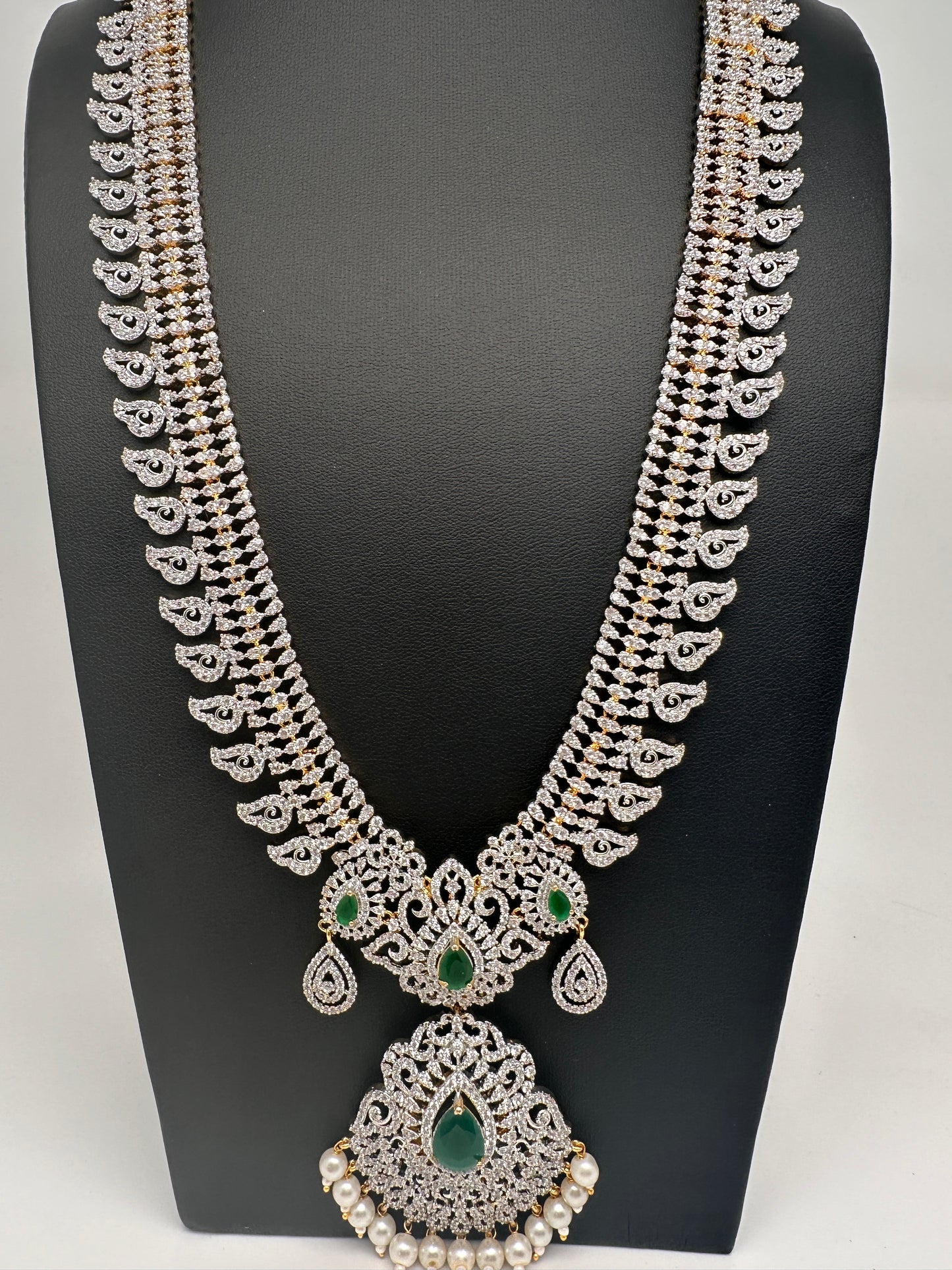 AD Diamond Finish Color Stone Mango Design Long Necklace