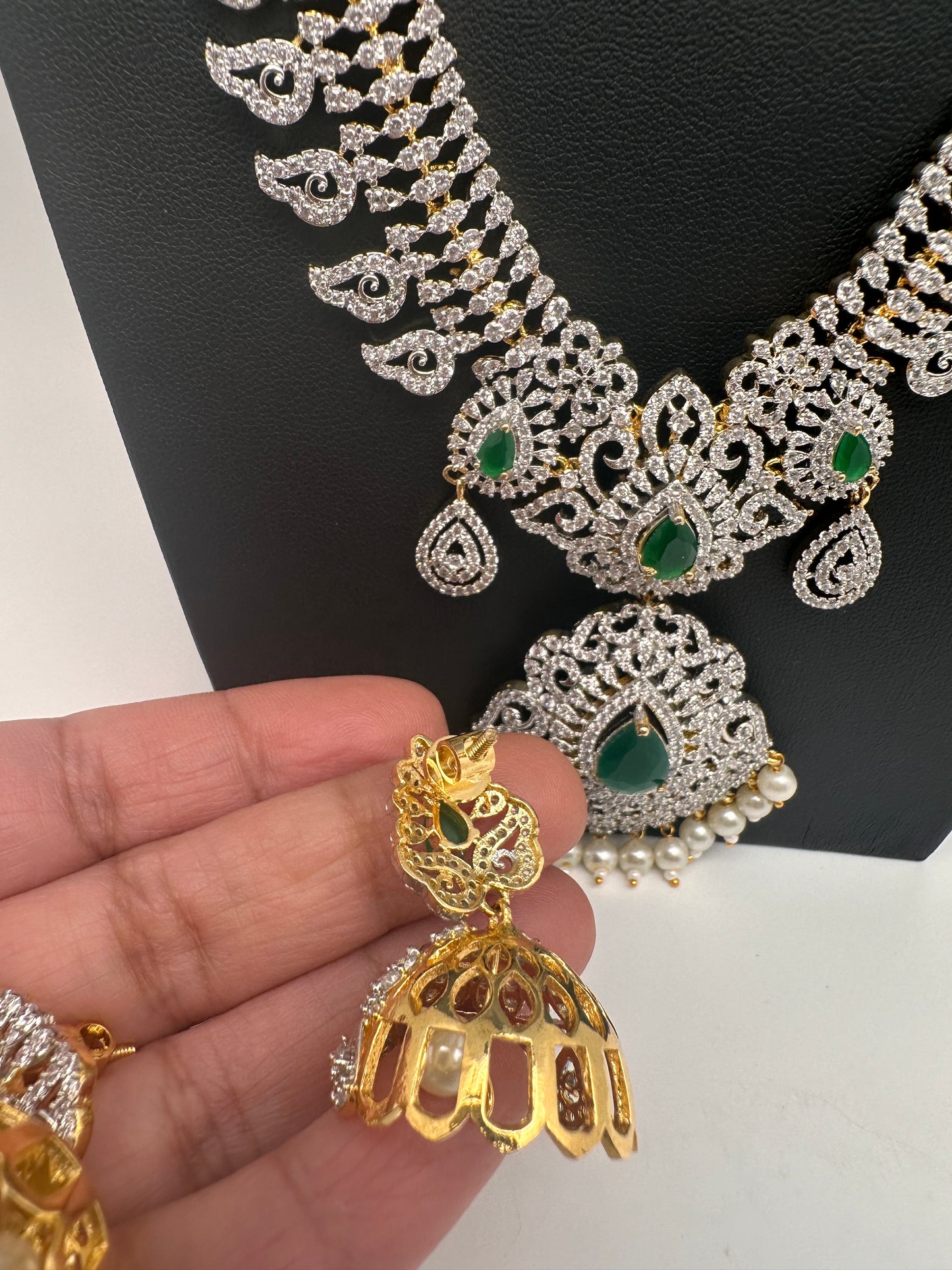 AD Diamond Finish Color Stone Mango Design Long Necklace