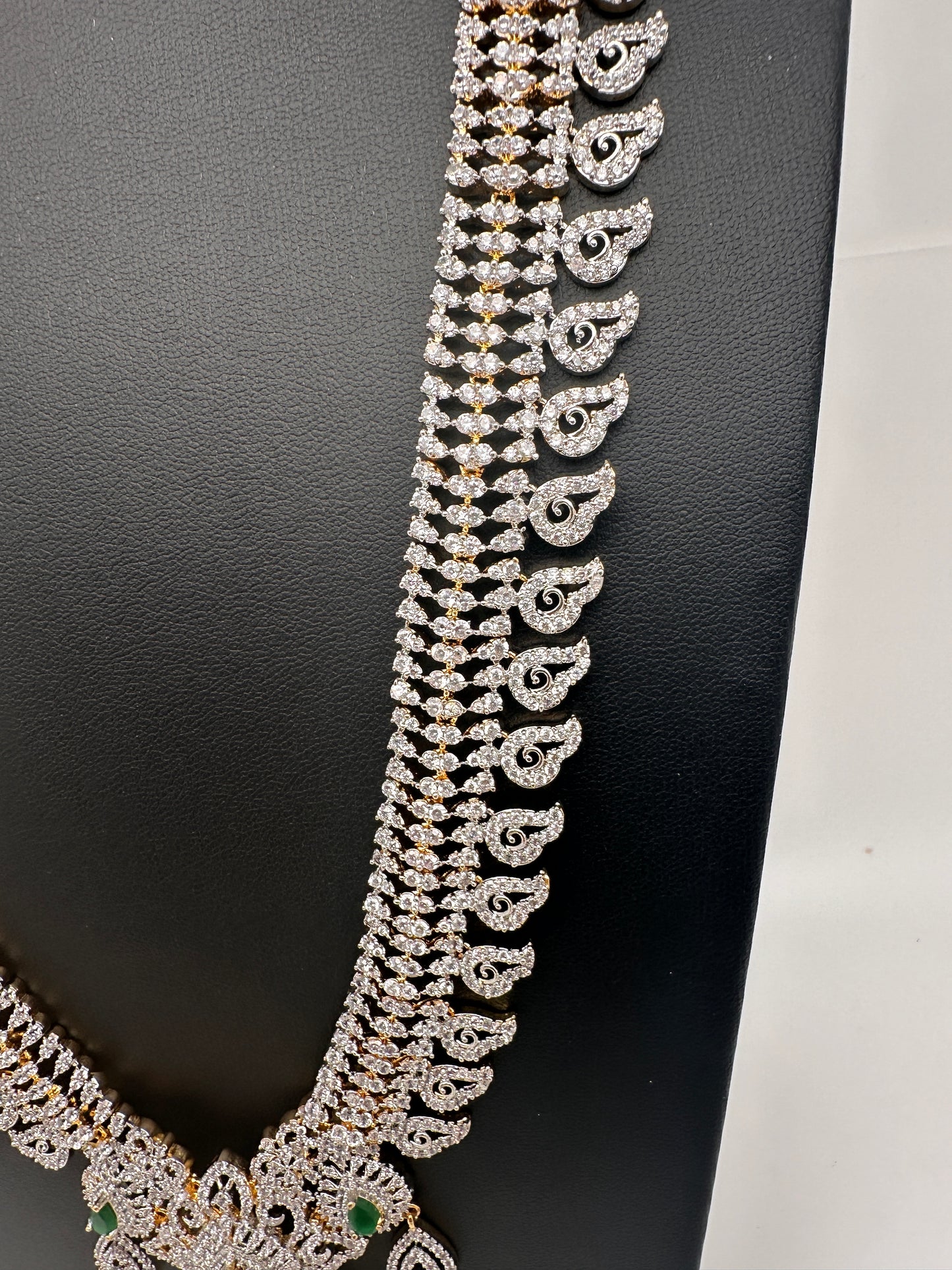 AD Diamond Finish Color Stone Mango Design Long Necklace